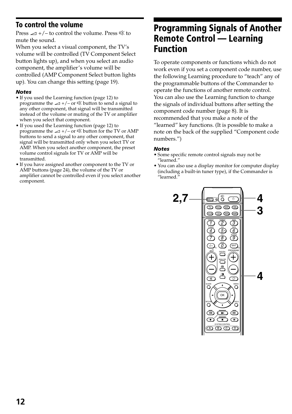 To control the volume, Programming signals of another remote control, Learning function | Sony RM-VL600T User Manual | Page 12 / 36