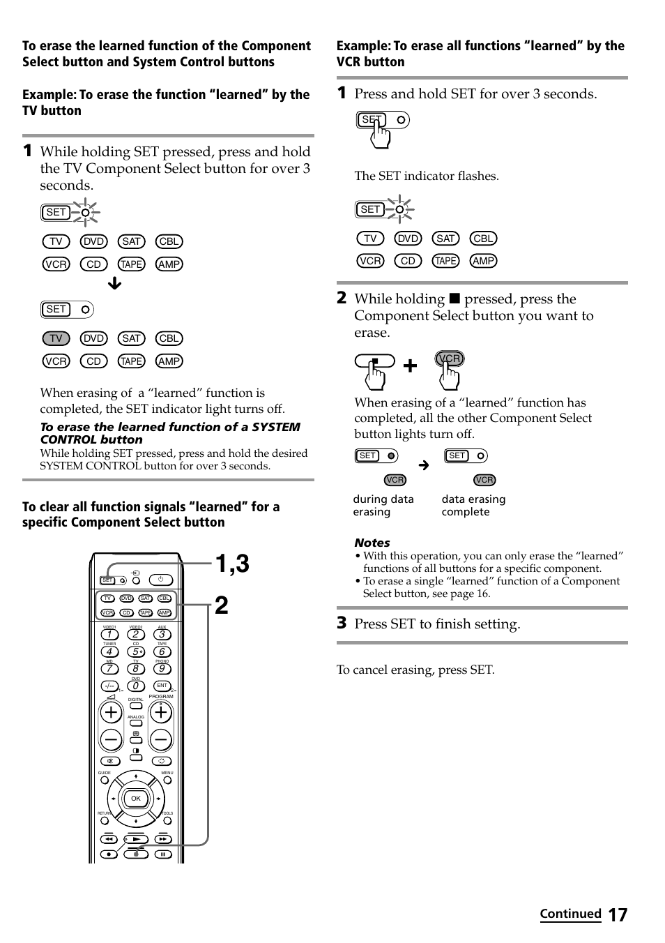 Press and hold set for over 3 seconds, Press set to finish setting, The set indicator flashes | Continued | Sony RM-VL600T User Manual | Page 17 / 36