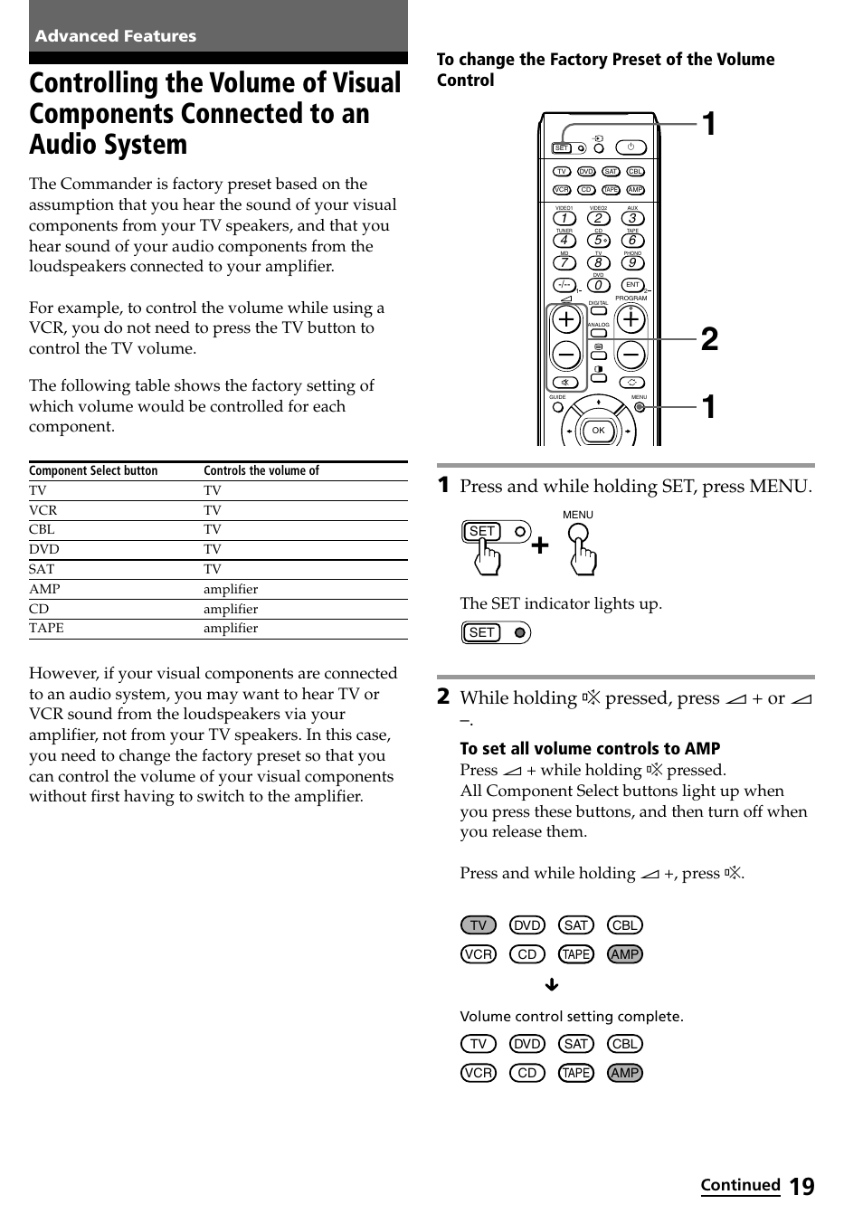 Advanced features, Controlling the volume of visual components, Connected to an audio system | Press and while holding set, press menu, While holding % pressed, press 2 + or 2, The set indicator lights up, Continued | Sony RM-VL600T User Manual | Page 19 / 36