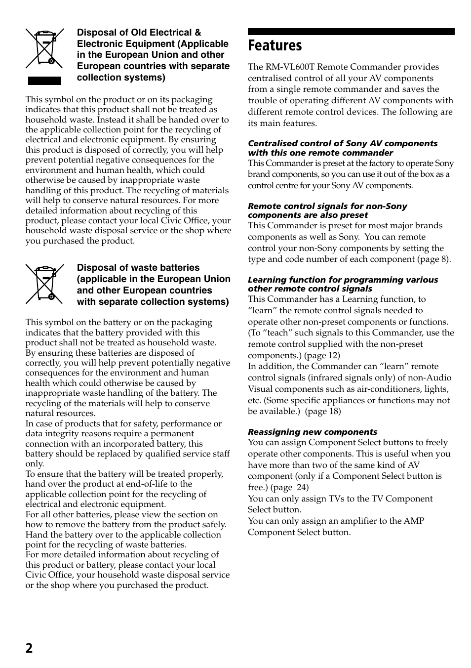 Features | Sony RM-VL600T User Manual | Page 2 / 36