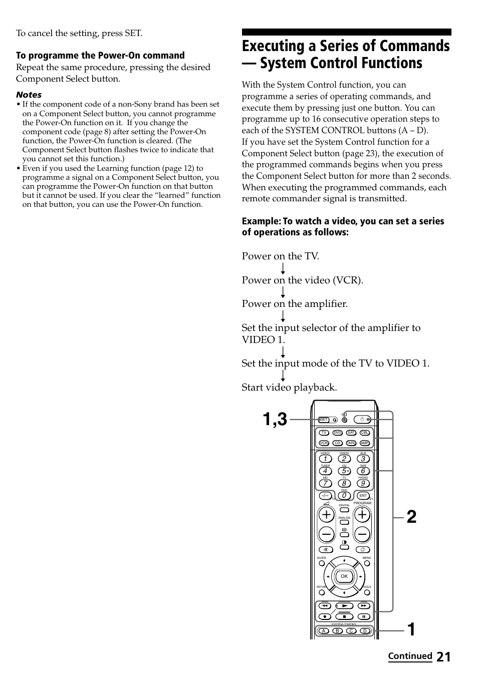 Executing a series of commands, System control functions, Continued | Sony RM-VL600T User Manual | Page 21 / 36