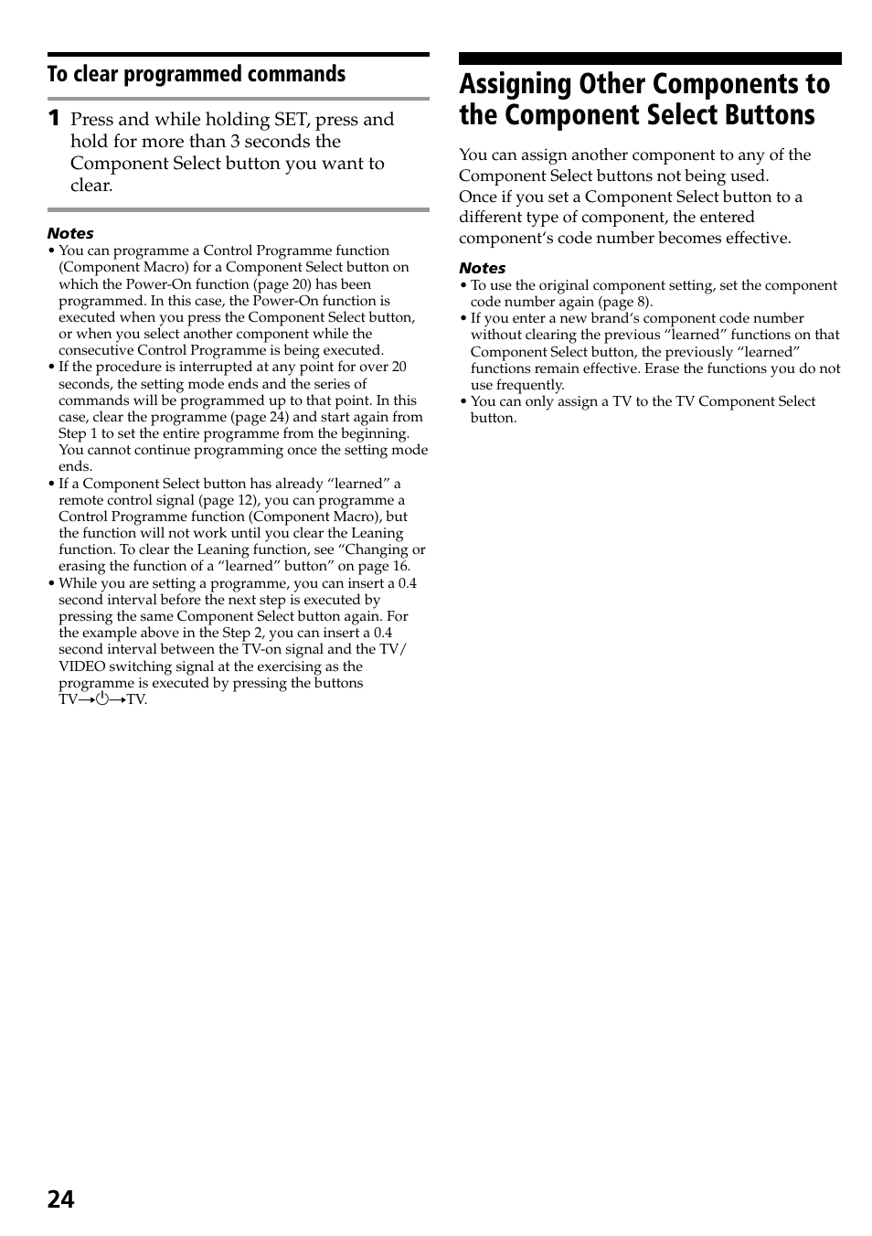 To clear programmed commands, Assigning other components to the component, Select buttons | Sony RM-VL600T User Manual | Page 24 / 36