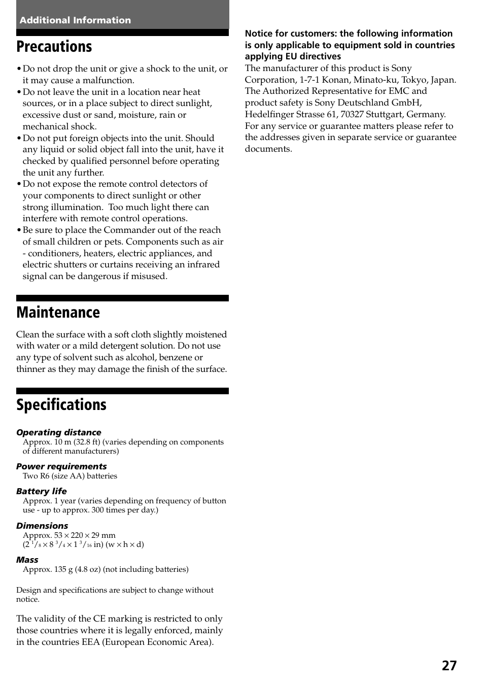 Additional information, Precautions, Maintenance | Specifications | Sony RM-VL600T User Manual | Page 27 / 36