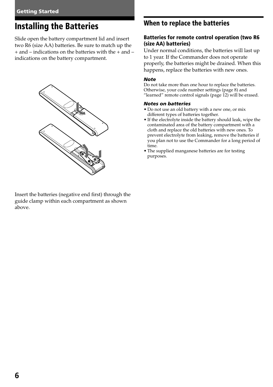 Getting started, Installing the batteries, When to replace the batteries | Sony RM-VL600T User Manual | Page 6 / 36