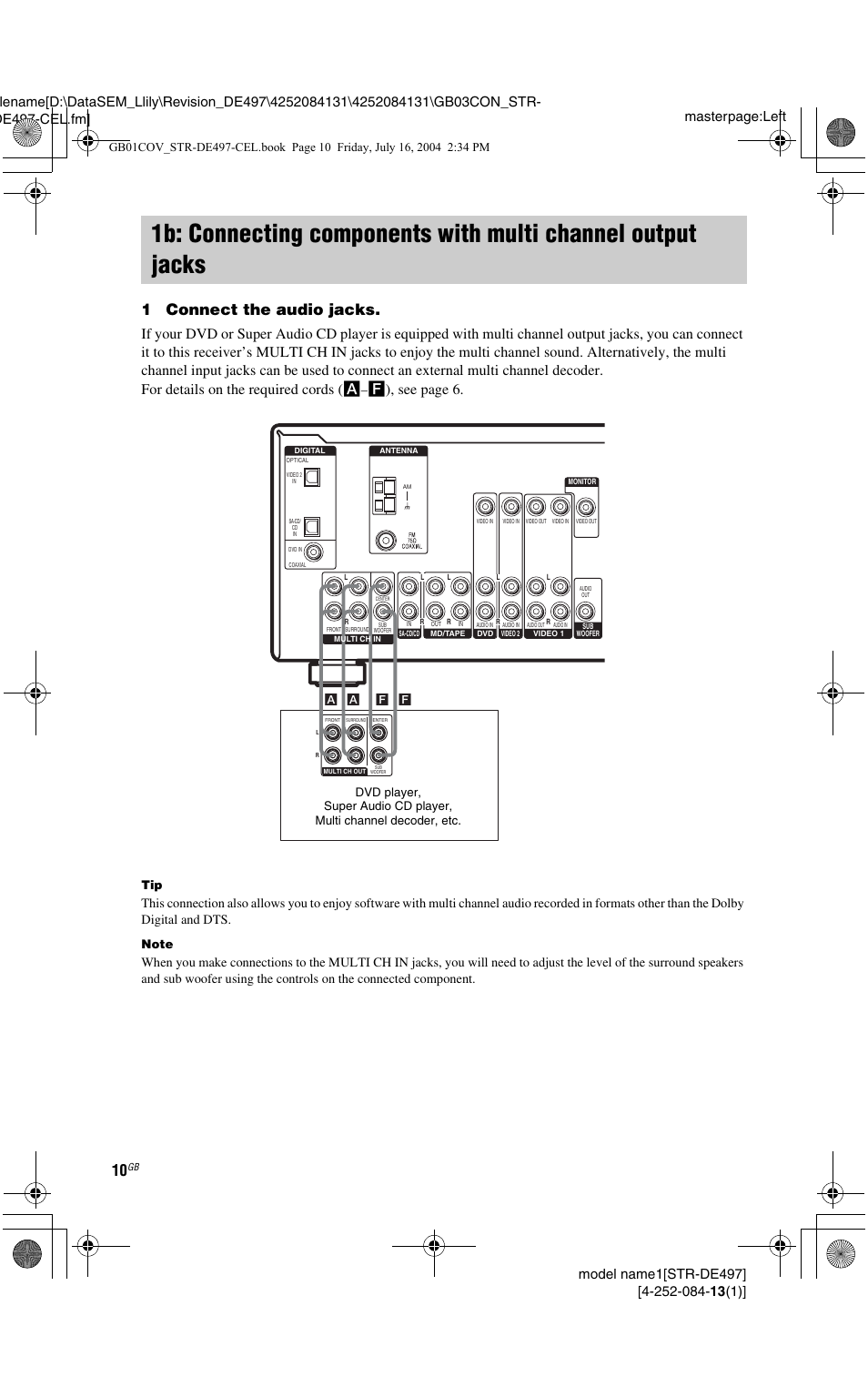 1b: connecting components with, Multi channel output jacks, 1connect the audio jacks | F), see page 6 | Sony STR-DE497 User Manual | Page 10 / 51