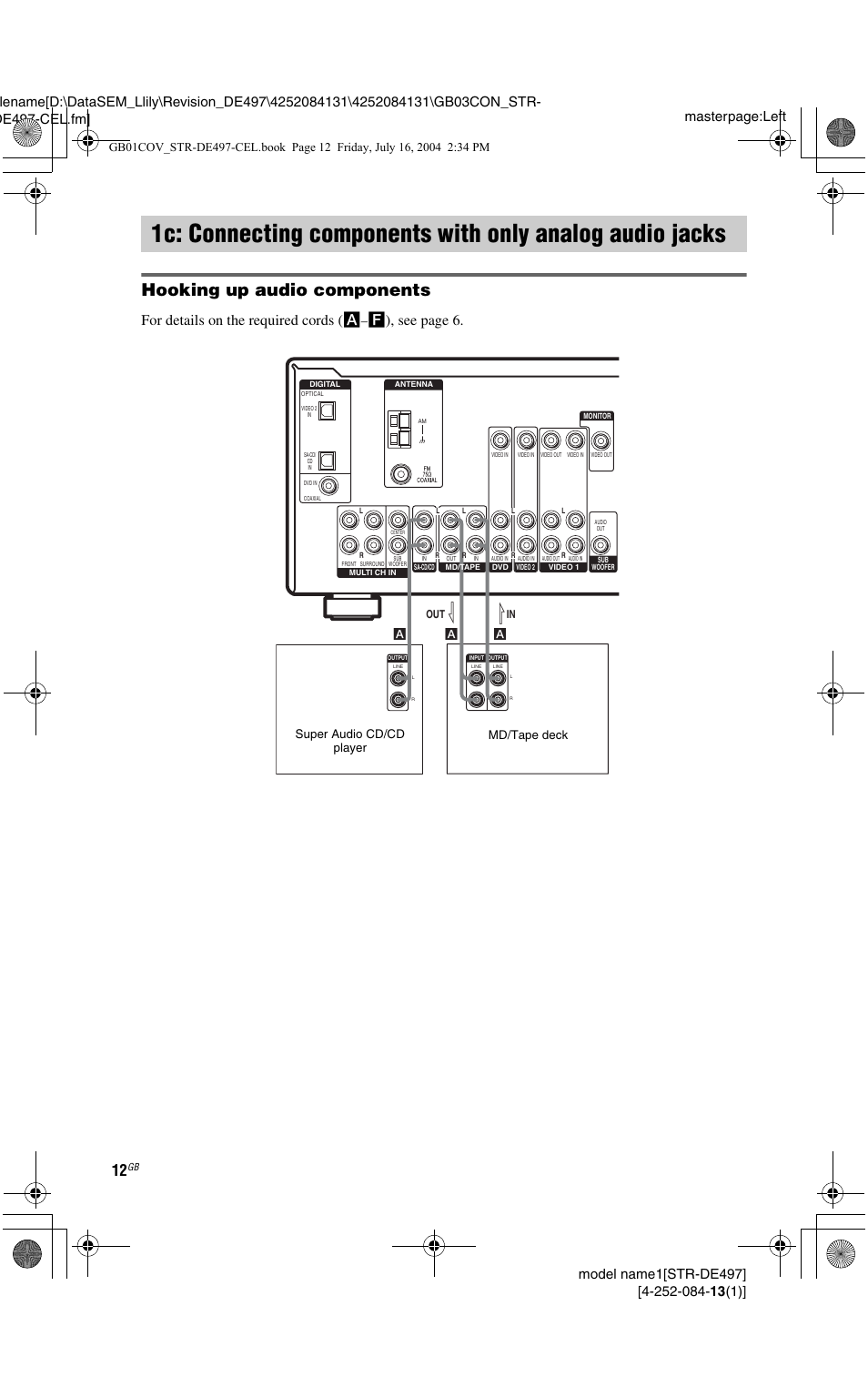 1c: connecting components with only, Analog audio jacks, Hooking up audio components | For details on the required cords ( a, F), see page 6 | Sony STR-DE497 User Manual | Page 12 / 51
