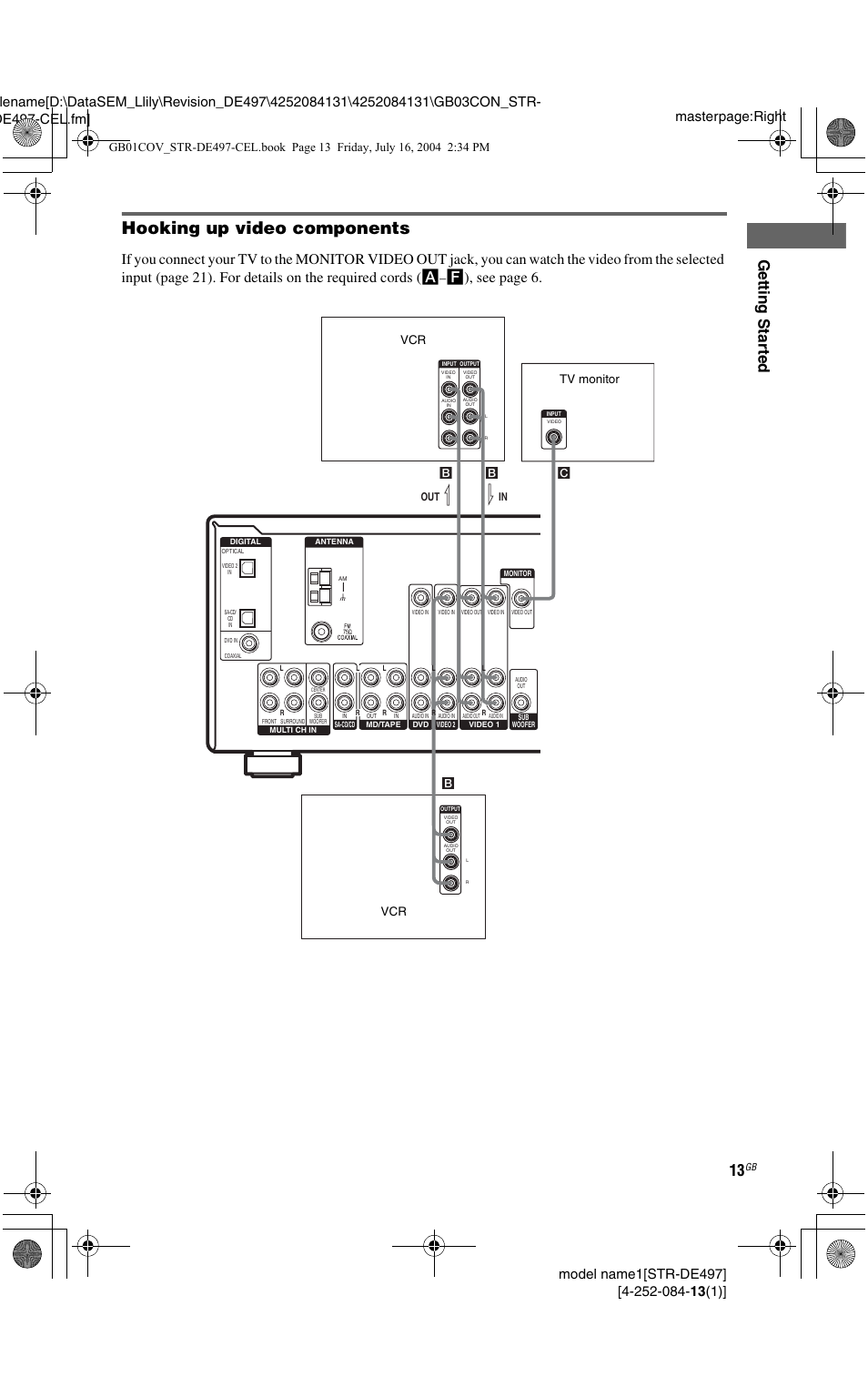 Hooking up video components, Getting star ted, F), see page 6 | Bin out, Lb b c | Sony STR-DE497 User Manual | Page 13 / 51