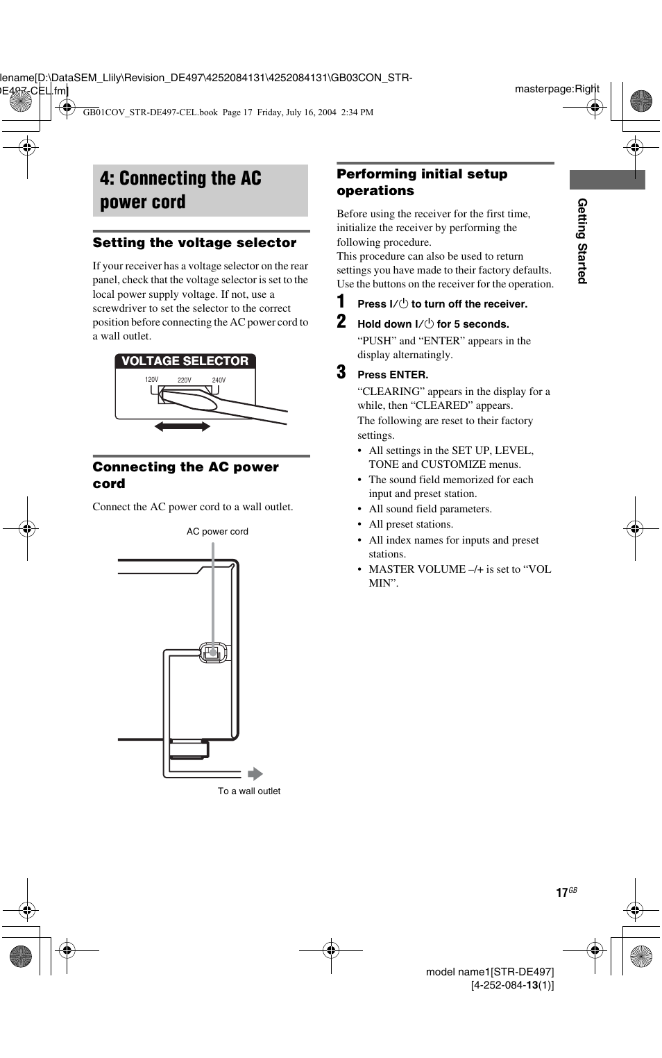 Connecting the ac power cord | Sony STR-DE497 User Manual | Page 17 / 51