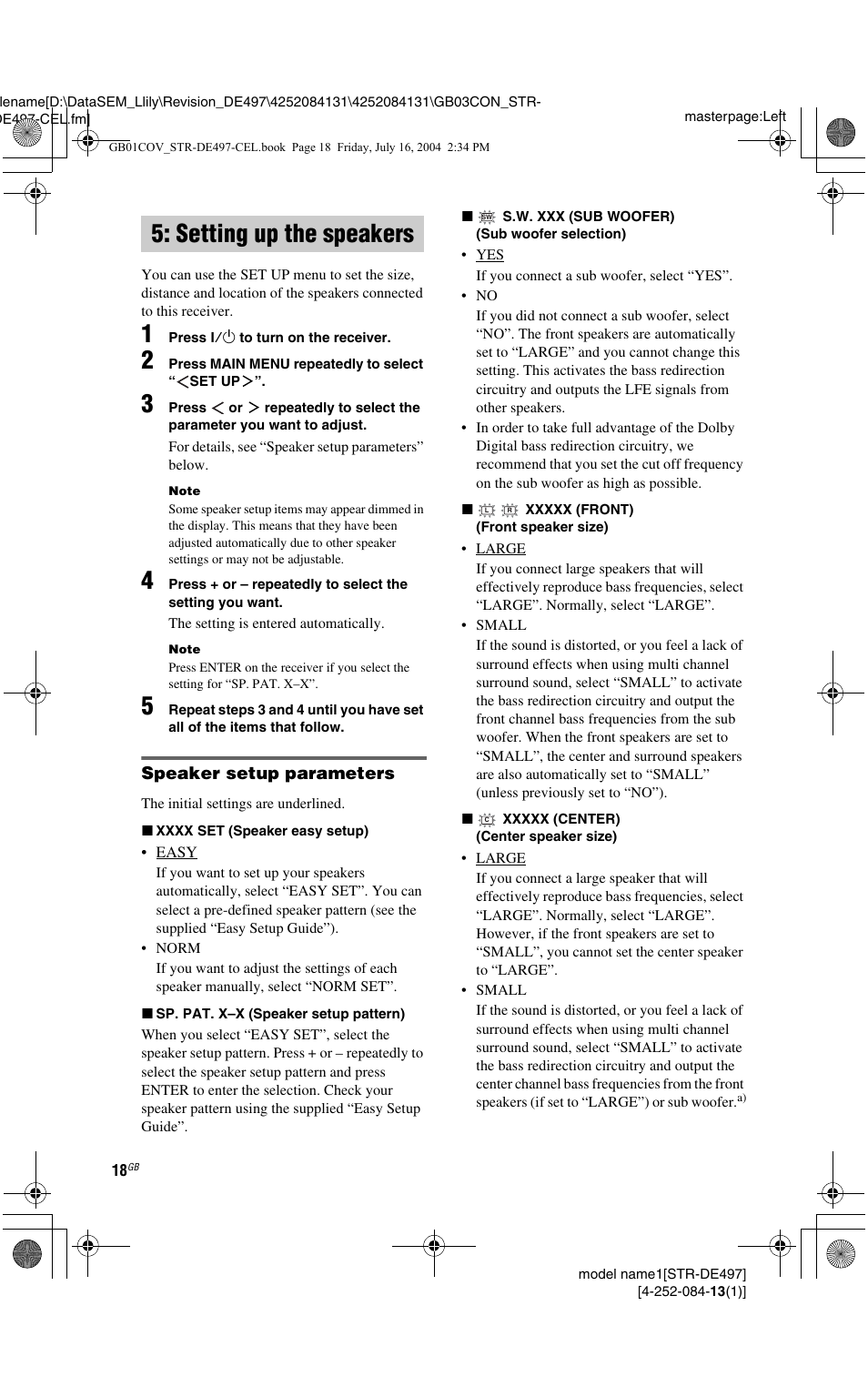 Setting up the speakers | Sony STR-DE497 User Manual | Page 18 / 51