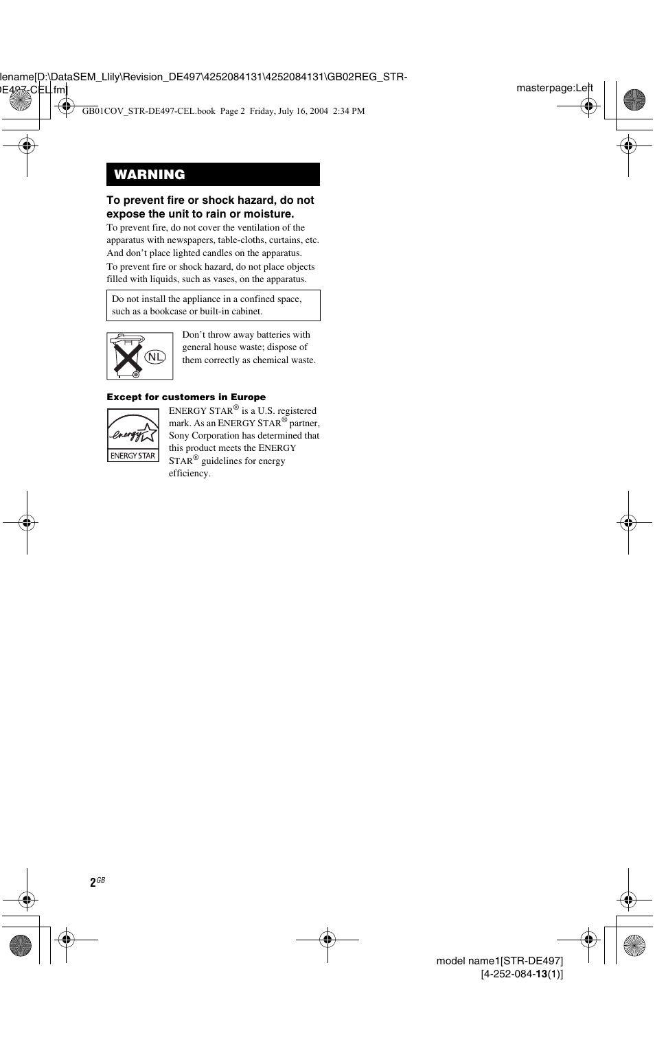 Warning | Sony STR-DE497 User Manual | Page 2 / 51
