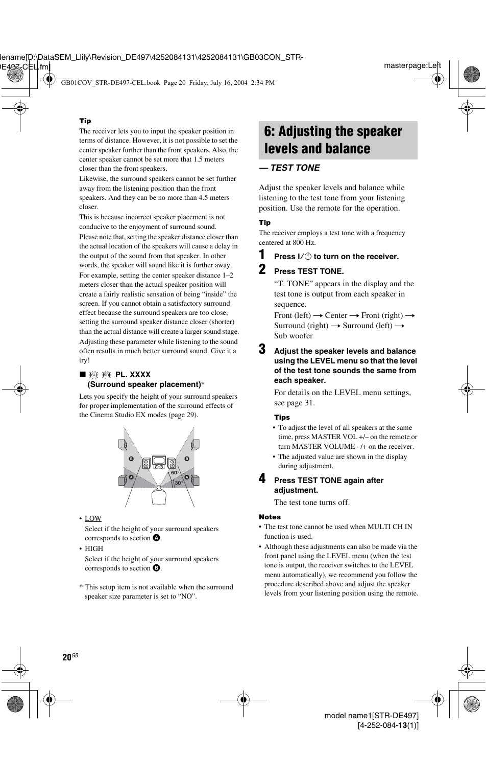 Adjusting the speaker levels and balance, Test tone, Adjusting the speaker levels and | Balance — test tone | Sony STR-DE497 User Manual | Page 20 / 51