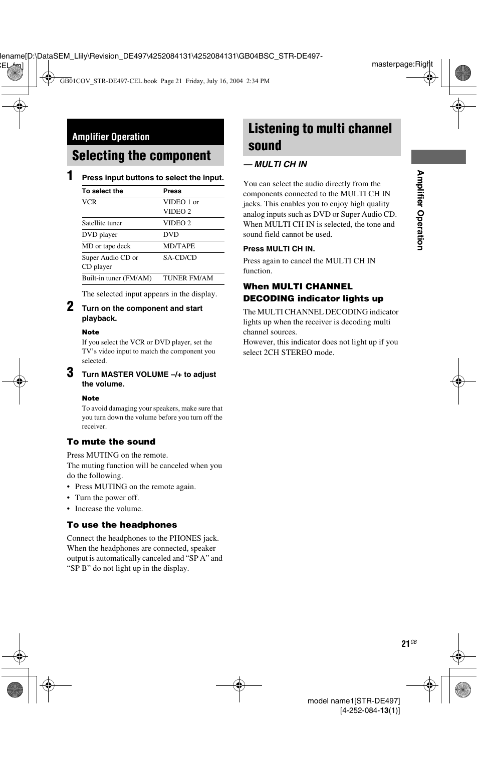 Amplifier operation, Selecting the component, Listening to multi channel sound | Multi ch in | Sony STR-DE497 User Manual | Page 21 / 51