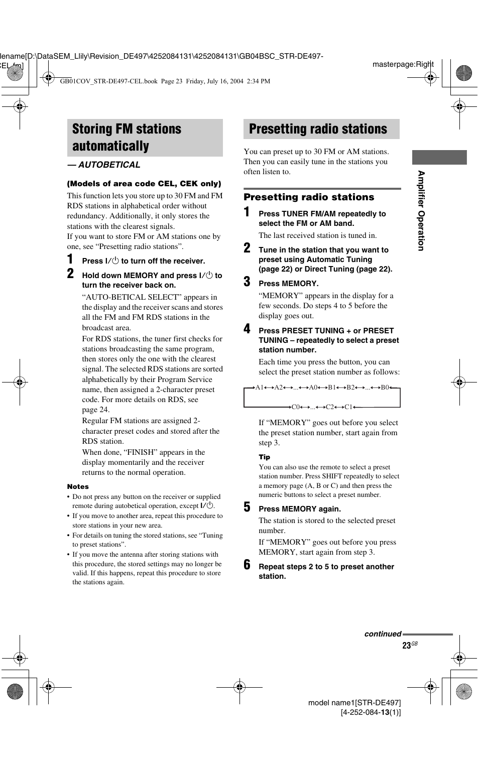 Storing fm stations automatically, Autobetical, Presetting radio stations | Autobetical (models of area code cel, cek only) | Sony STR-DE497 User Manual | Page 23 / 51