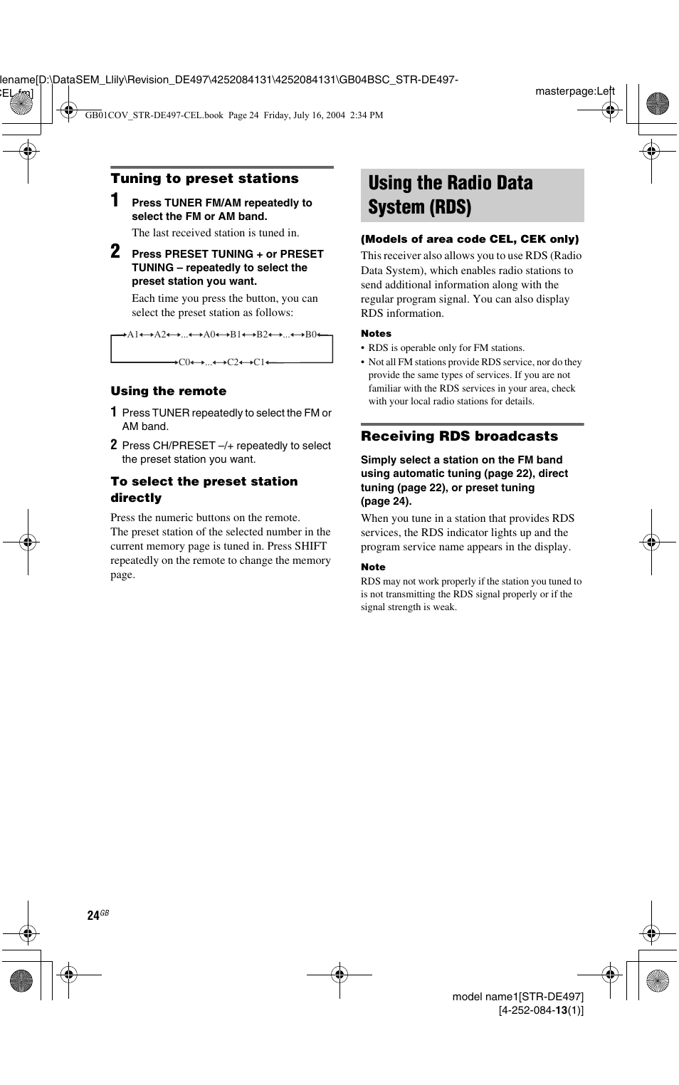 Using the radio data system (rds), Models of area code cel, cek only), See “tuning | To preset stations | Sony STR-DE497 User Manual | Page 24 / 51