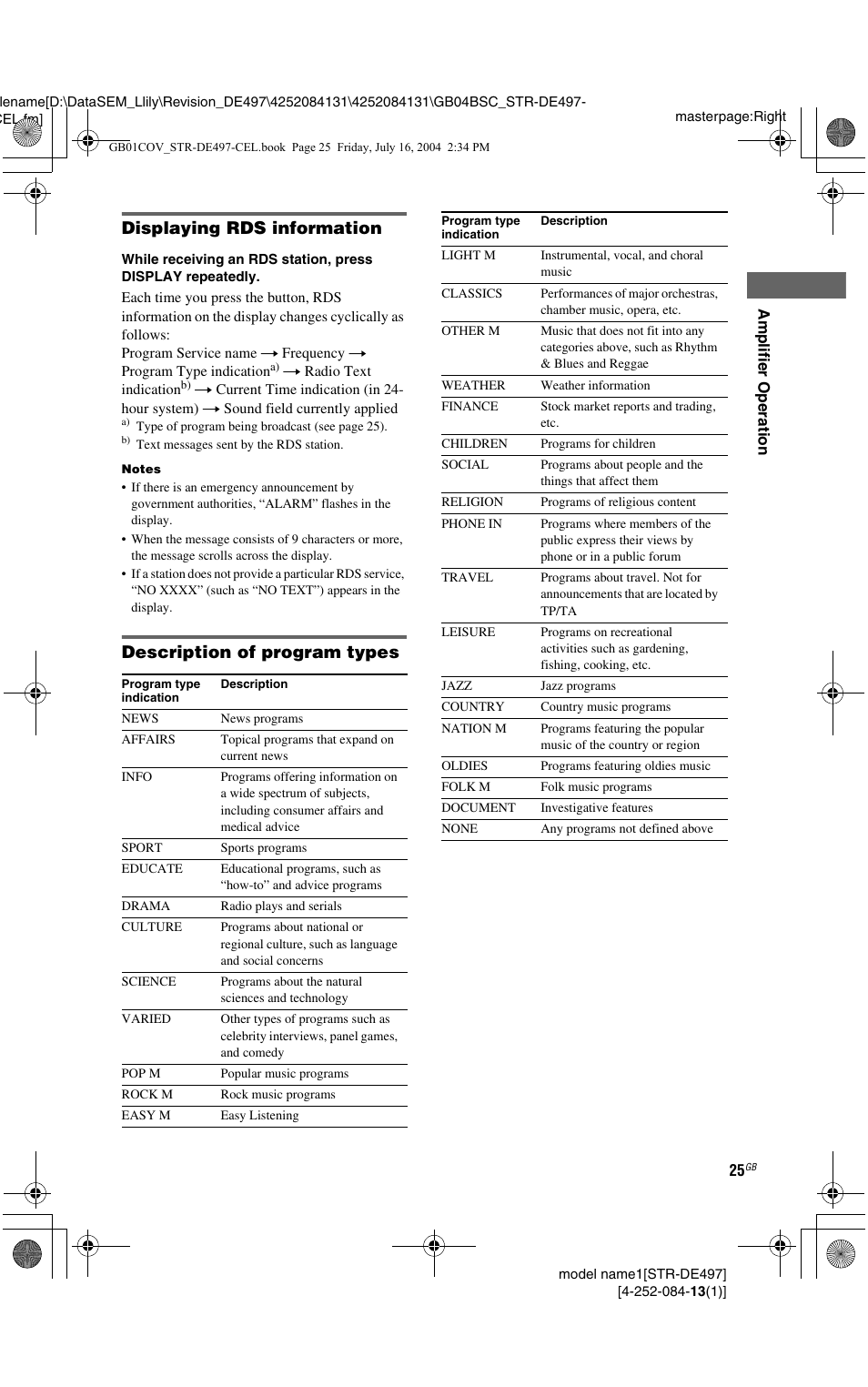 Displaying rds information, Description of program types | Sony STR-DE497 User Manual | Page 25 / 51