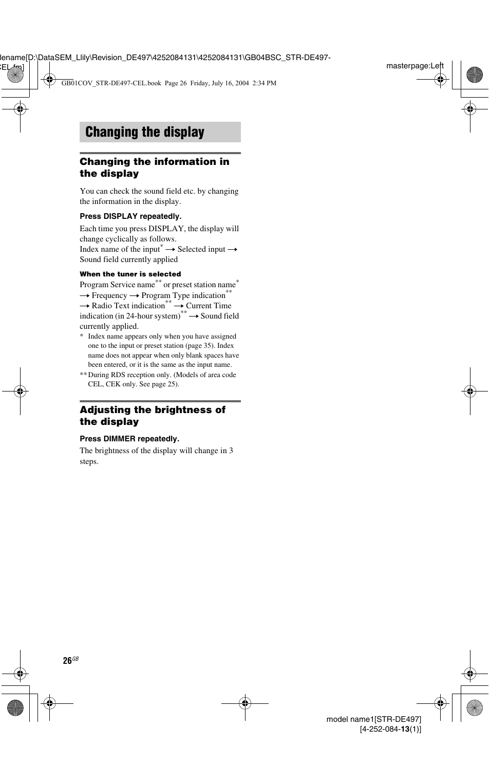 Changing the display, Changing the information in the display, Adjusting the brightness of the display | Sony STR-DE497 User Manual | Page 26 / 51