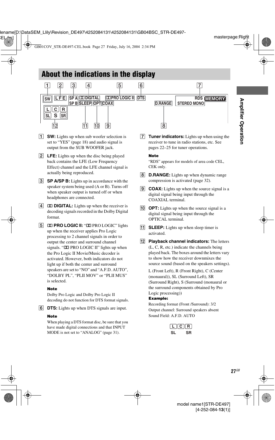 About the indications in the display | Sony STR-DE497 User Manual | Page 27 / 51