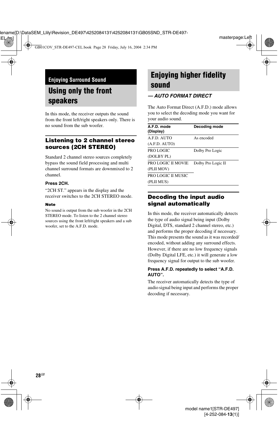 Enjoying surround sound, Using only the front speakers, Enjoying higher fidelity sound | Auto format direct, Listening to 2 channel stereo sources (2ch stereo), Decoding the input audio signal automatically | Sony STR-DE497 User Manual | Page 28 / 51