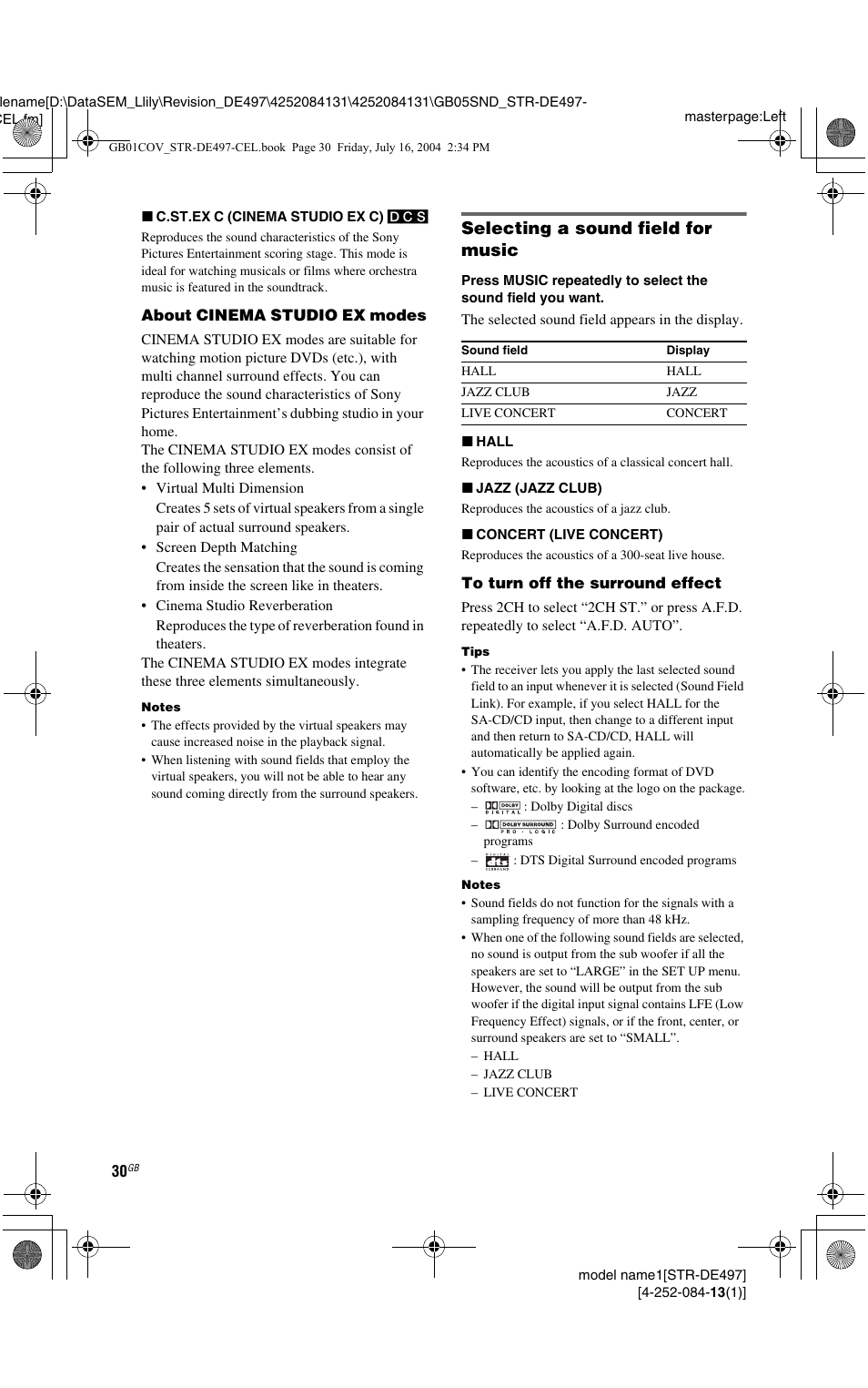 Selecting a sound field for music | Sony STR-DE497 User Manual | Page 30 / 51