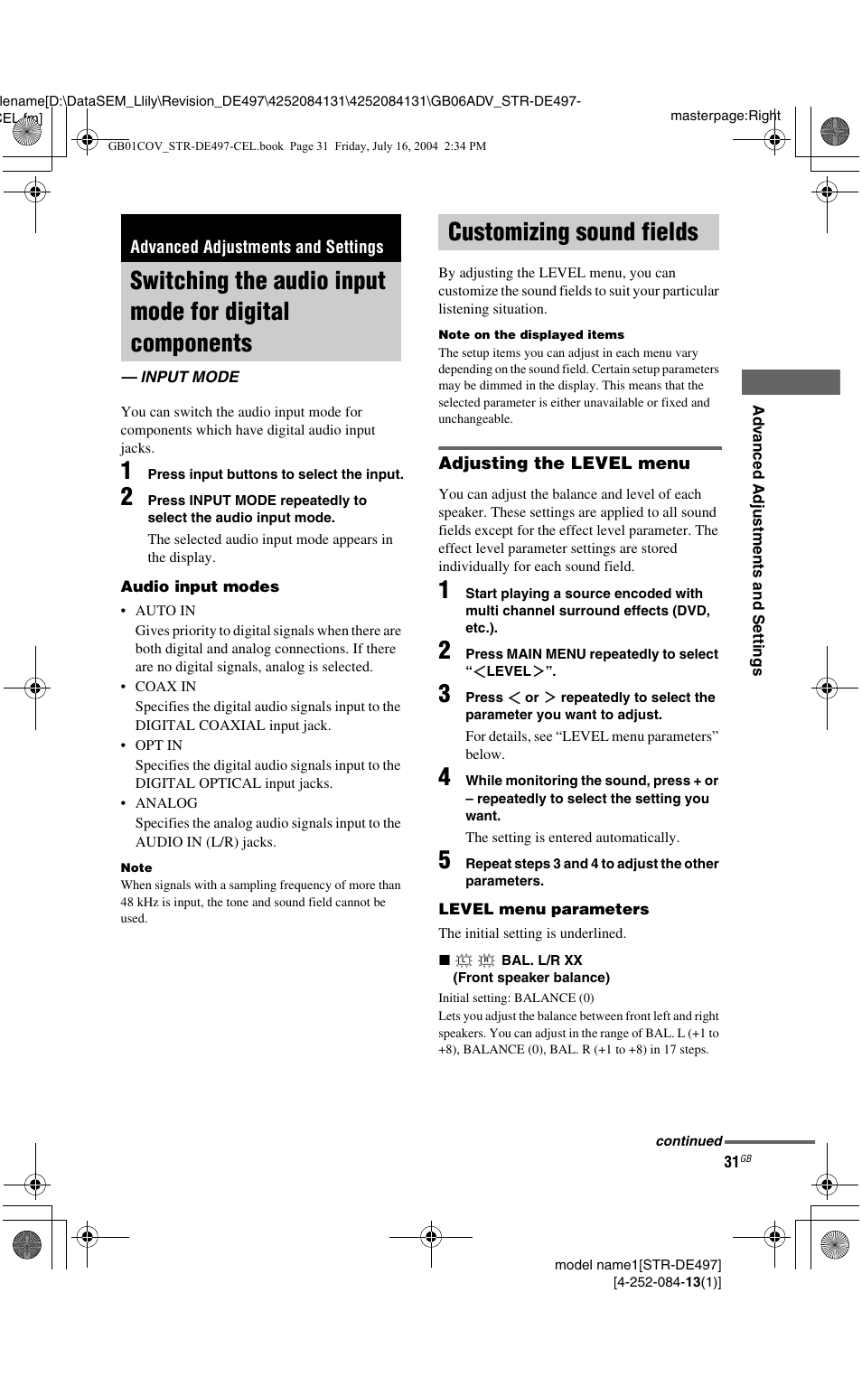 Advanced adjustments and settings, Input mode, Customizing sound fields | Switching the audio input mode for digital, Components — input mode | Sony STR-DE497 User Manual | Page 31 / 51