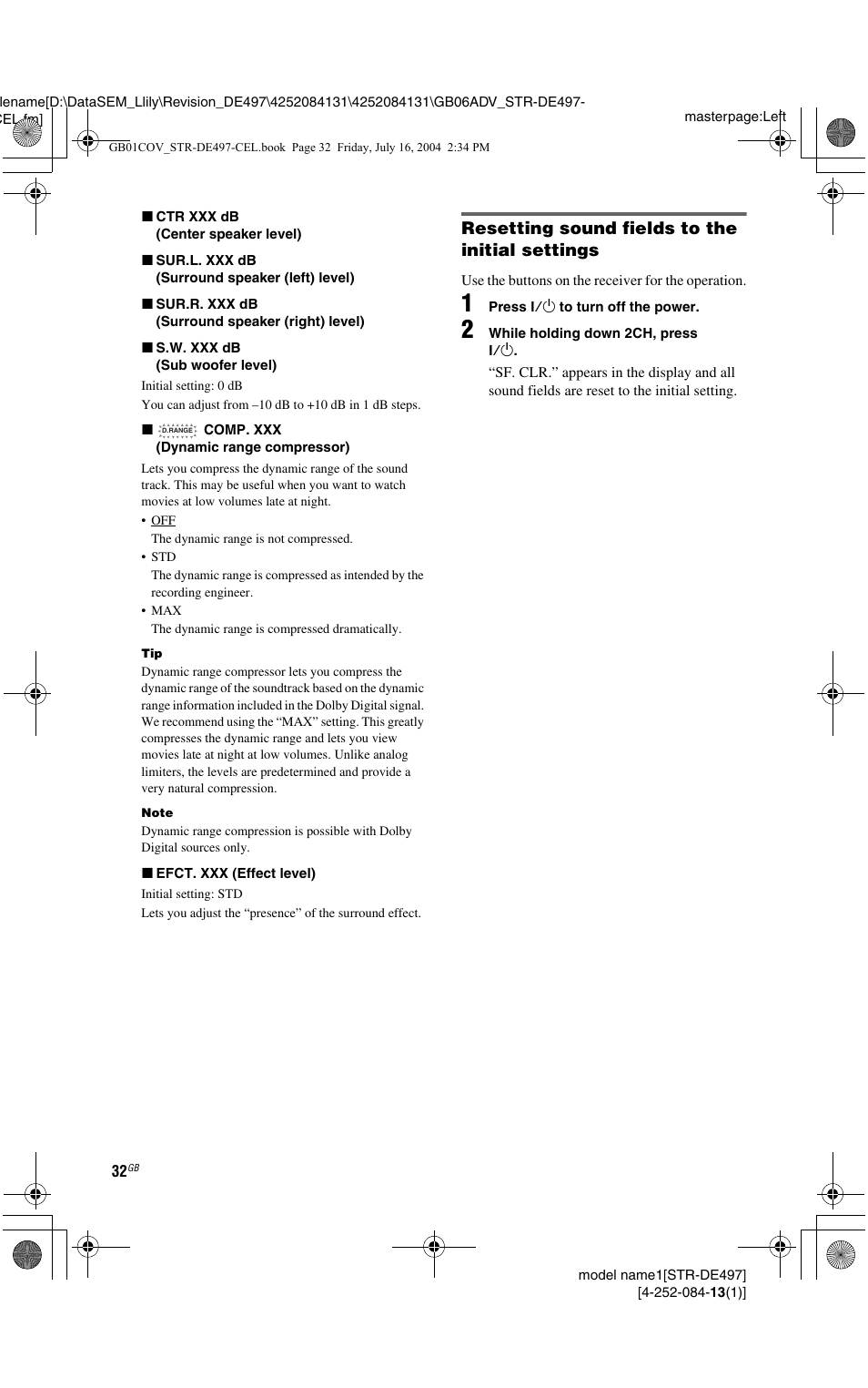 Resetting sound fields to the initial settings | Sony STR-DE497 User Manual | Page 32 / 51