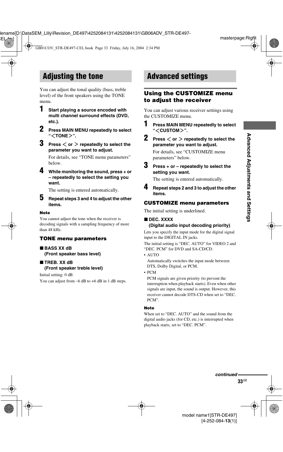 Adjusting the tone, Advanced settings, Adjusting the tone advanced settings | Sony STR-DE497 User Manual | Page 33 / 51