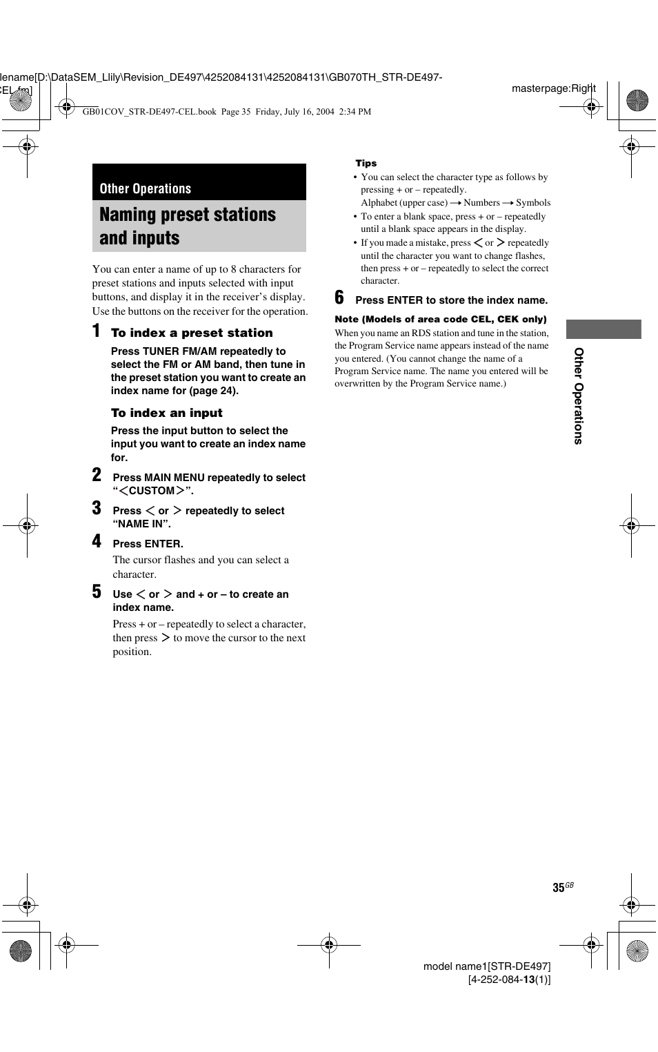 Other operations, Naming preset stations and inputs | Sony STR-DE497 User Manual | Page 35 / 51