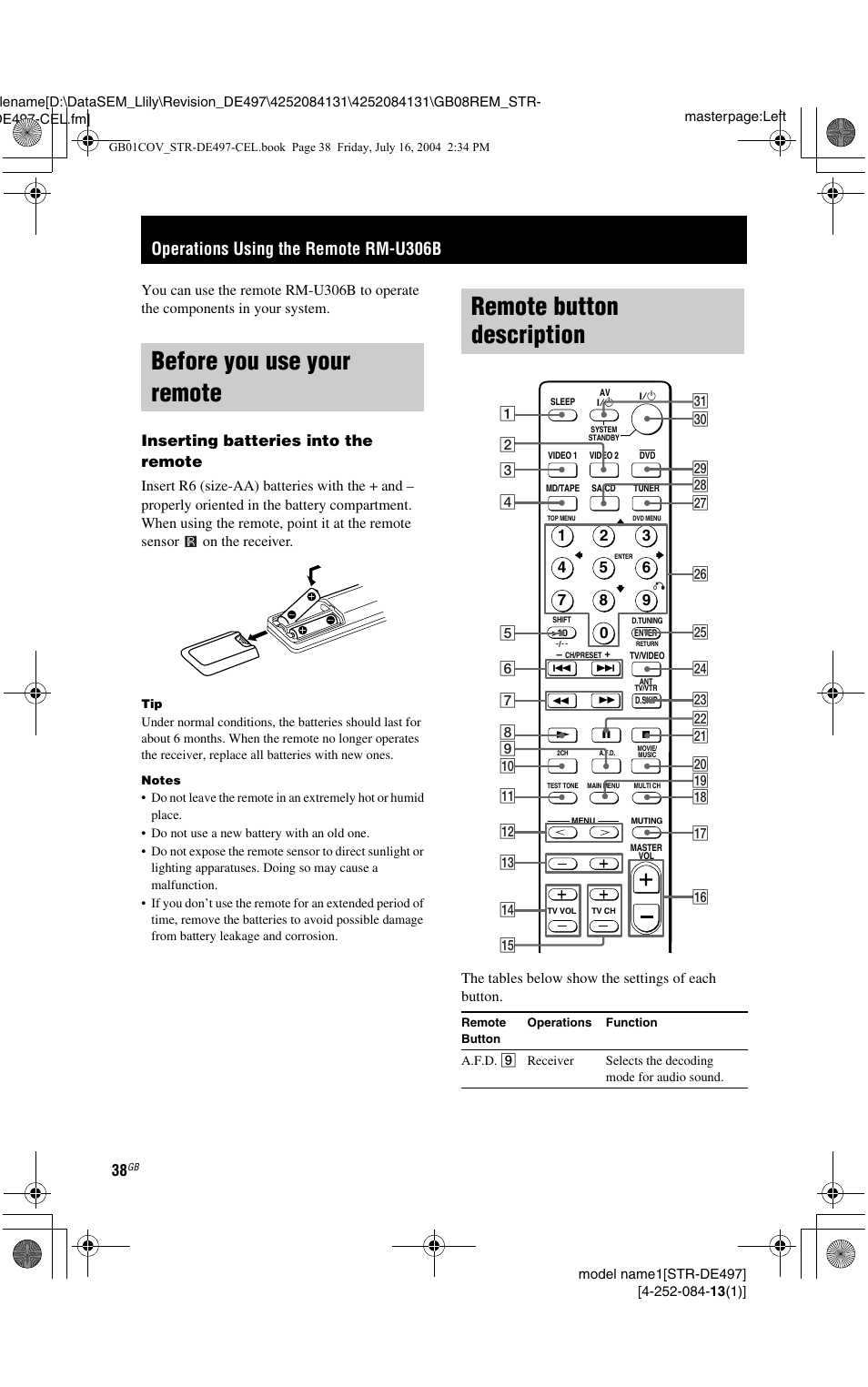 Operations using the remote rm-u306b, Before you use your remote, Remote button description | Inserting batteries into the remote | Sony STR-DE497 User Manual | Page 38 / 51