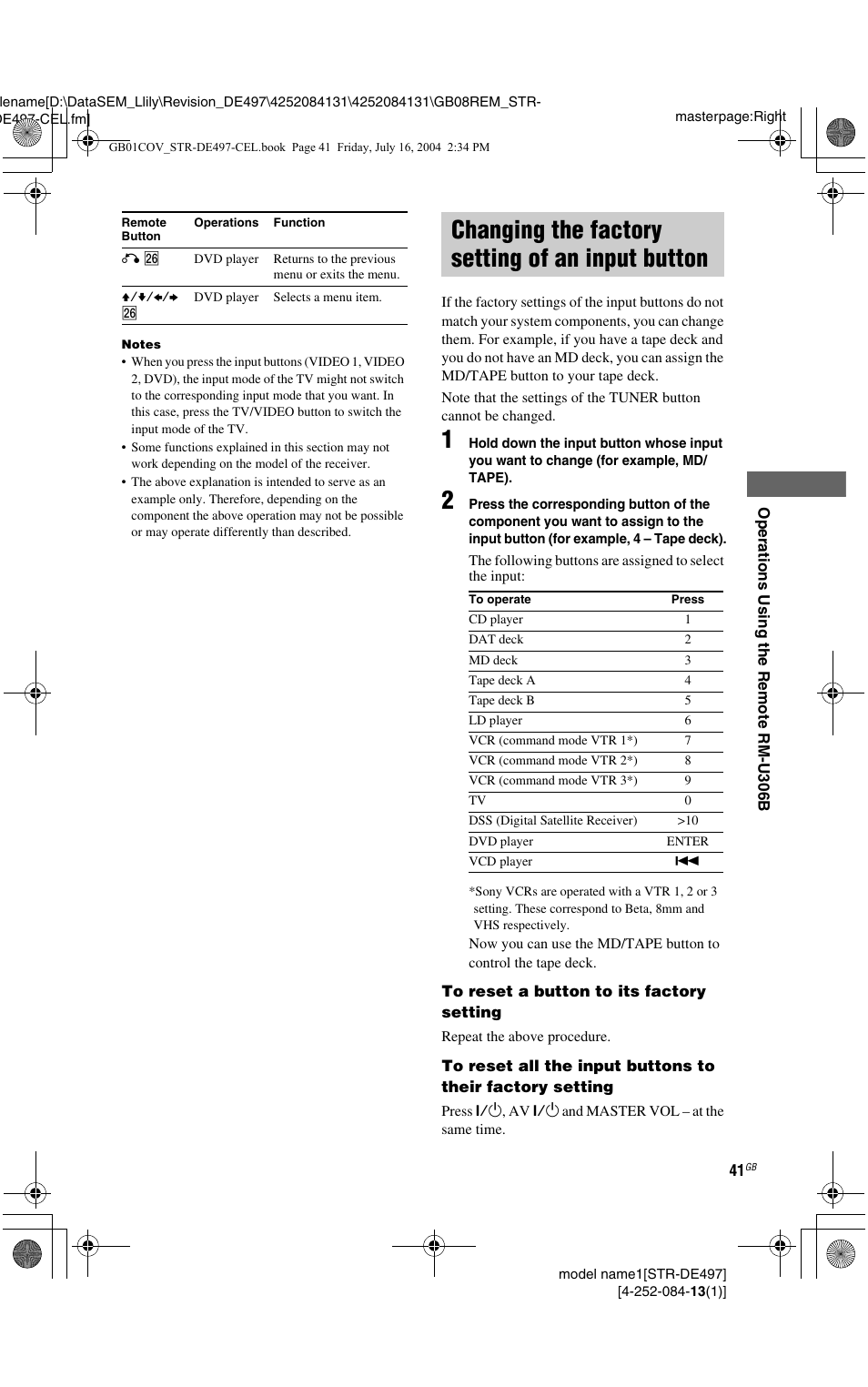 Changing the factory setting of an input button, Changing the factory setting of an input, Button | Sony STR-DE497 User Manual | Page 41 / 51