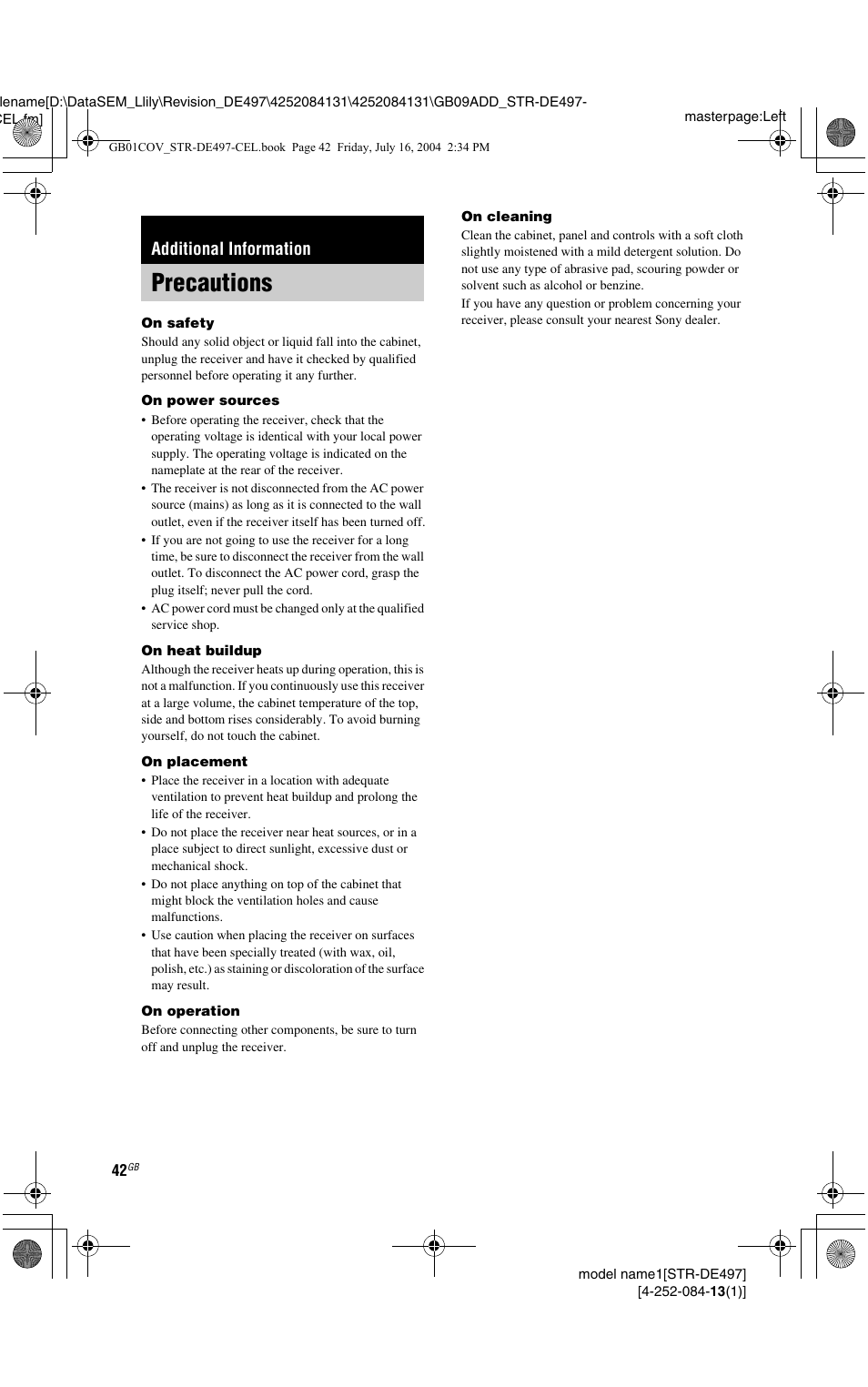 Additional information, Precautions | Sony STR-DE497 User Manual | Page 42 / 51