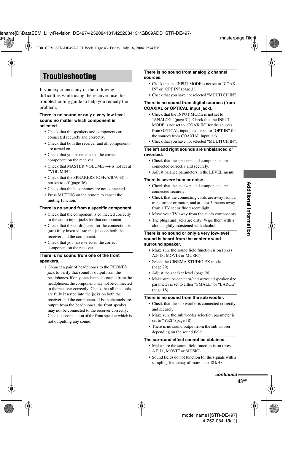 Troubleshooting | Sony STR-DE497 User Manual | Page 43 / 51