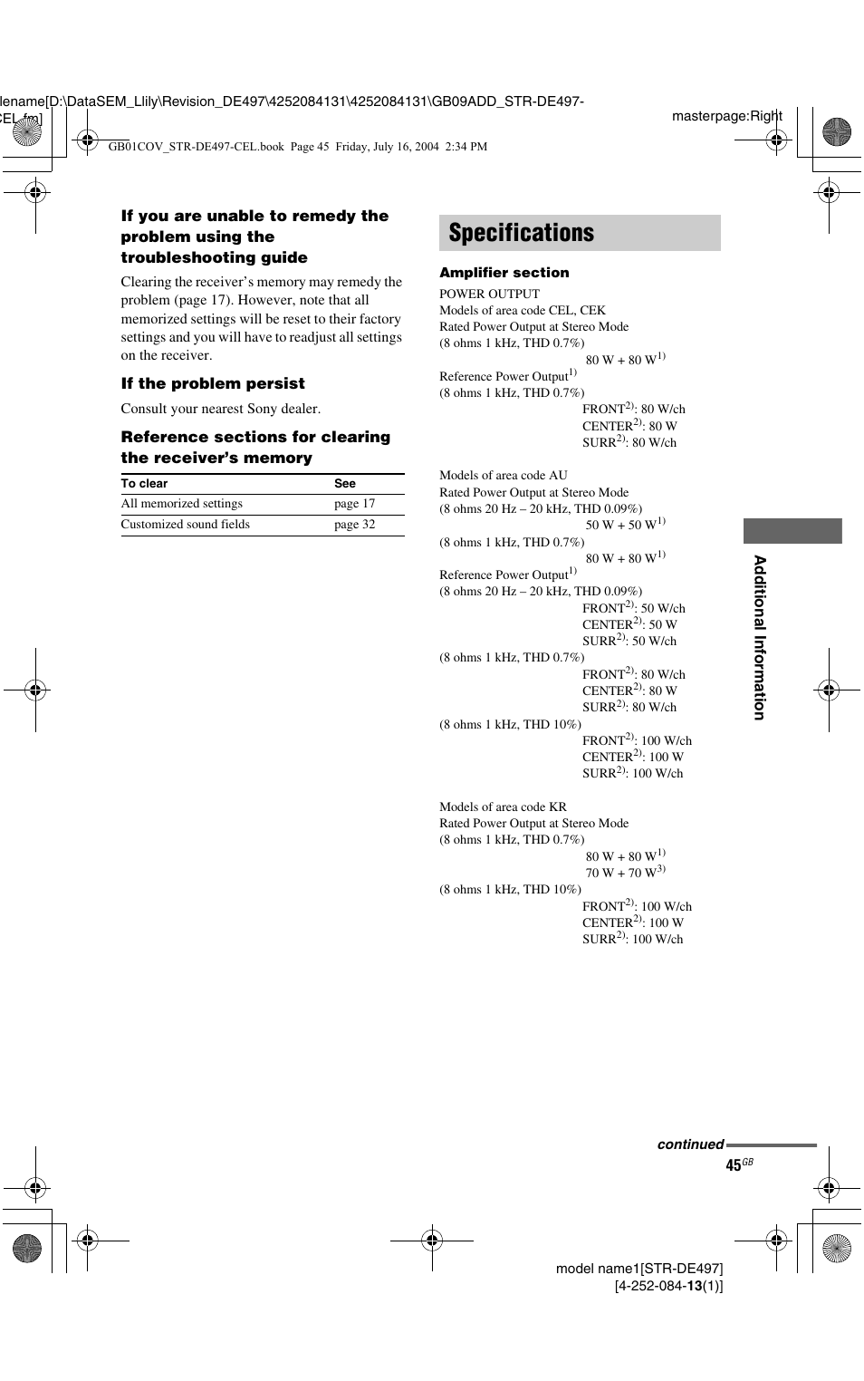 Specifications | Sony STR-DE497 User Manual | Page 45 / 51