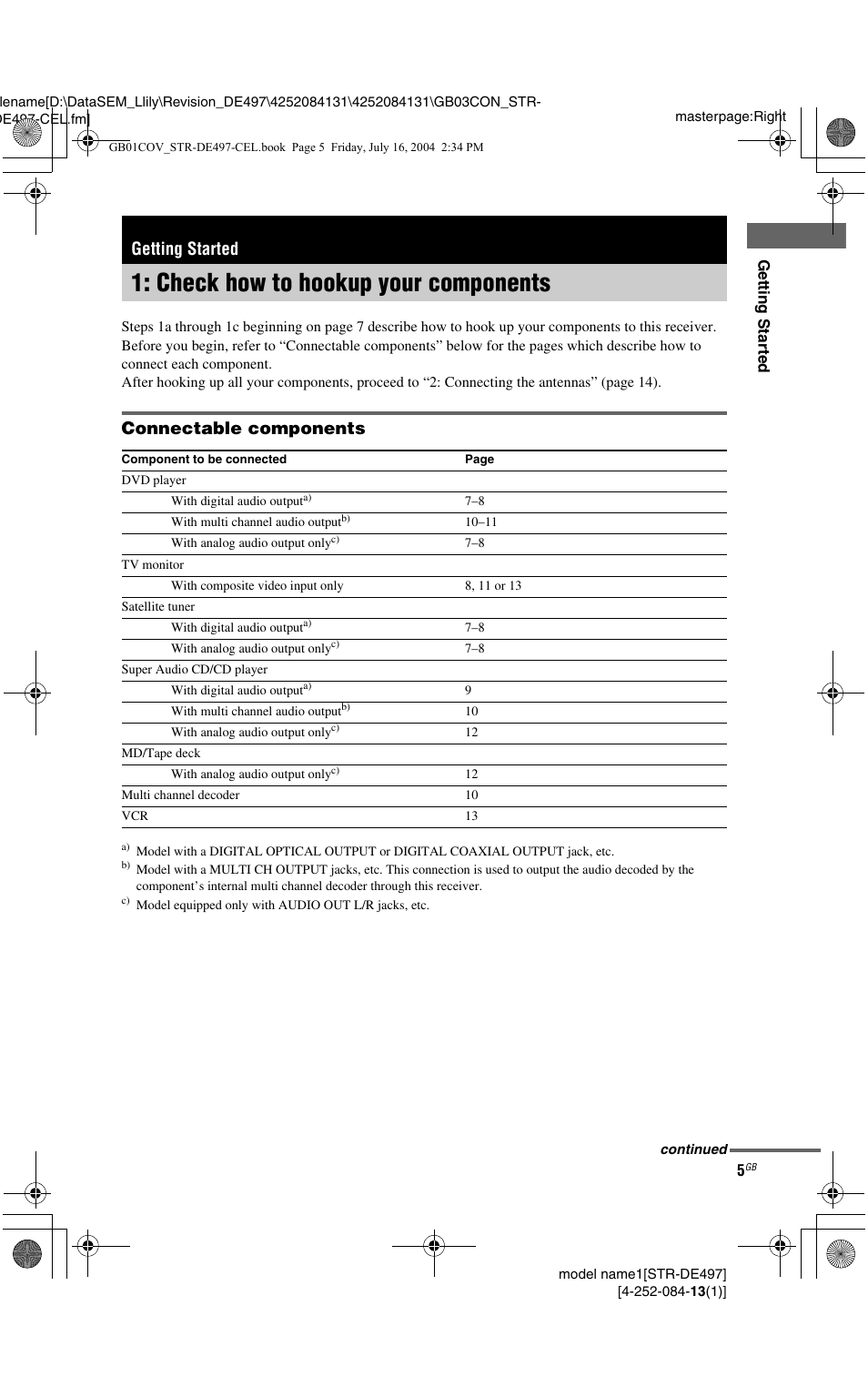 Getting started, Check how to hookup your components, Check how to hookup your | Components, Connectable components | Sony STR-DE497 User Manual | Page 5 / 51