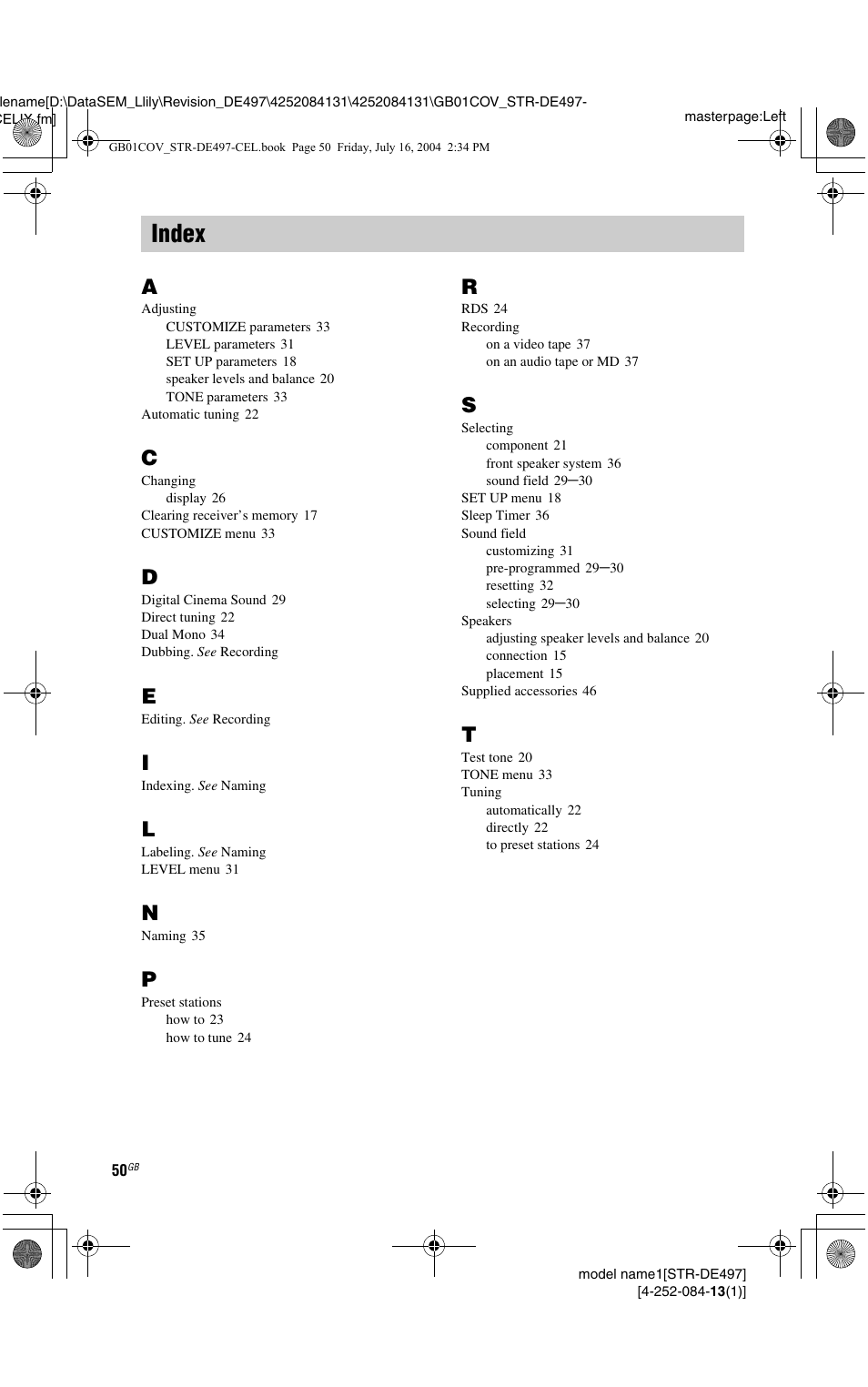 Index | Sony STR-DE497 User Manual | Page 50 / 51