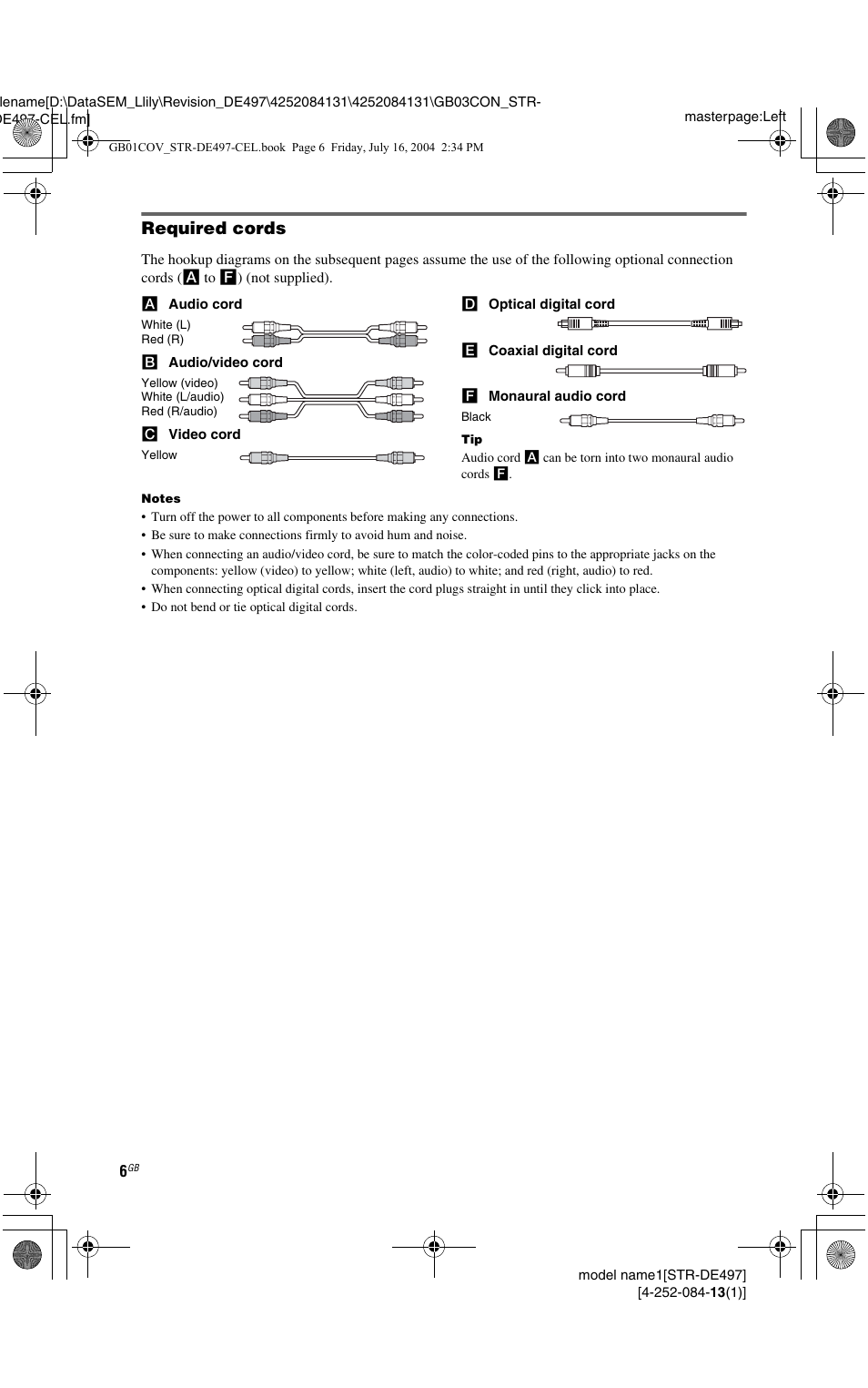 Required cords | Sony STR-DE497 User Manual | Page 6 / 51