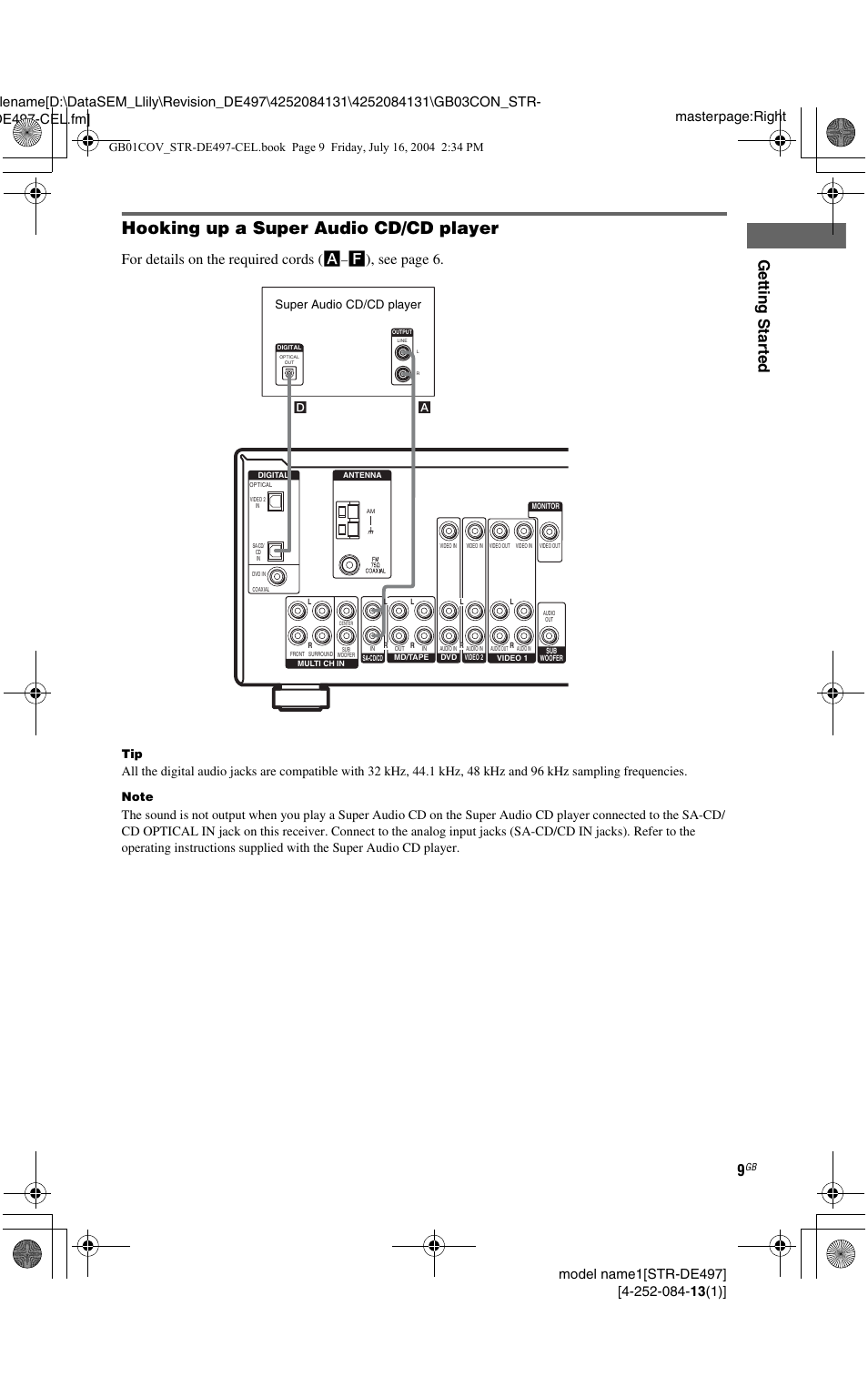 Hooking up a super audio cd/cd player, Getting star ted, For details on the required cords ( a | F), see page 6, Super audio cd/cd player | Sony STR-DE497 User Manual | Page 9 / 51