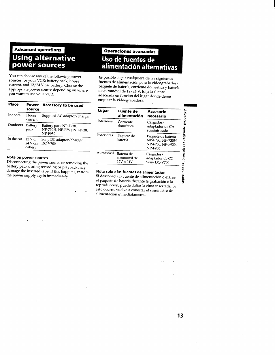 Using alternative power sources, Note on power sources, Operaciones avanzadas | Uso de fuentes de alimentación alternativas, Nota sobre las fuentes de alimentación | Sony GV-D900 User Manual | Page 13 / 88