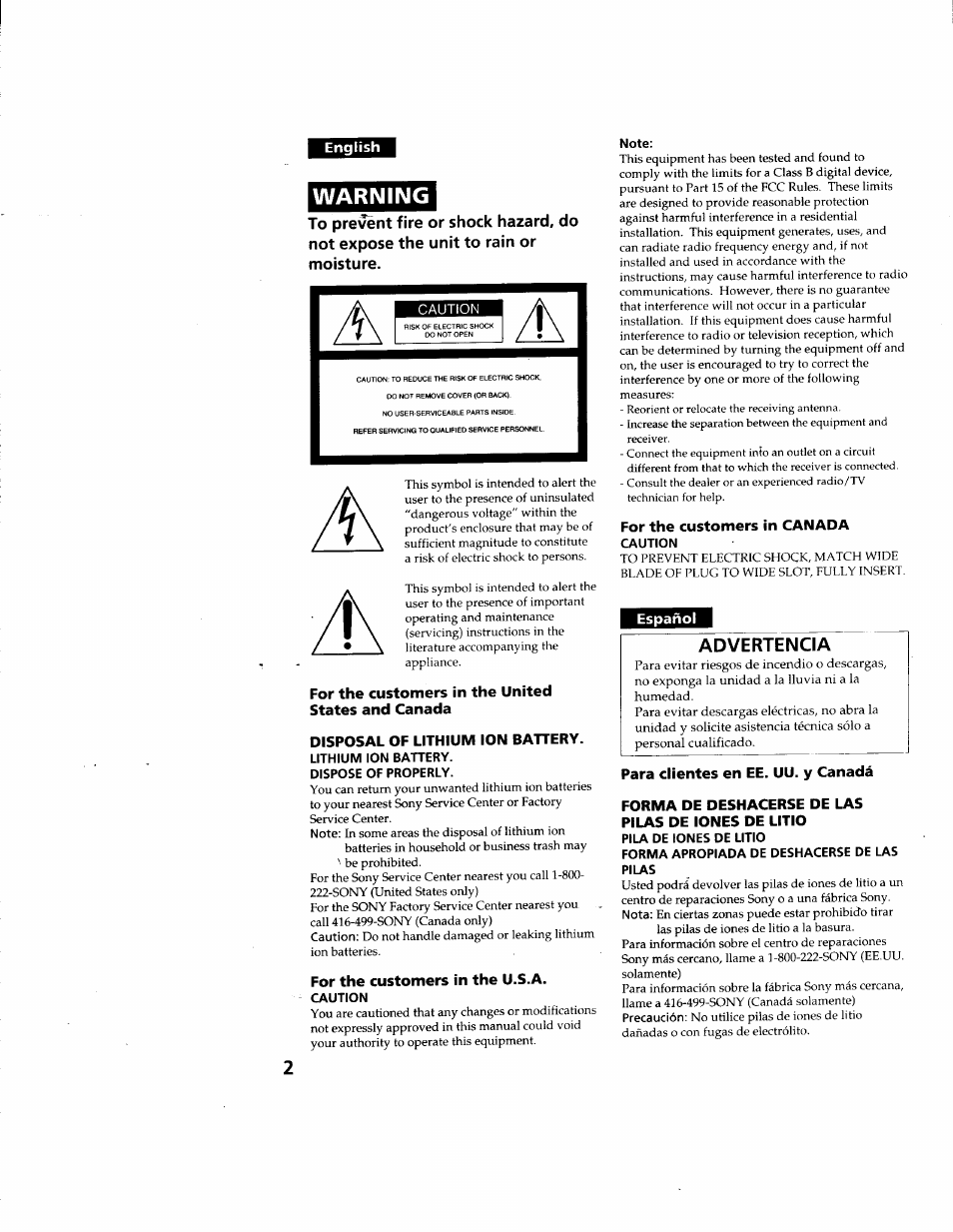 English, For the customers in the united states and canada, Disposal of lithium ion battery | Lithium ion battery, Dispose of properly, For the customers in the u.s.a, Caution, Note, For the customers in canada, Español | Sony GV-D900 User Manual | Page 2 / 88