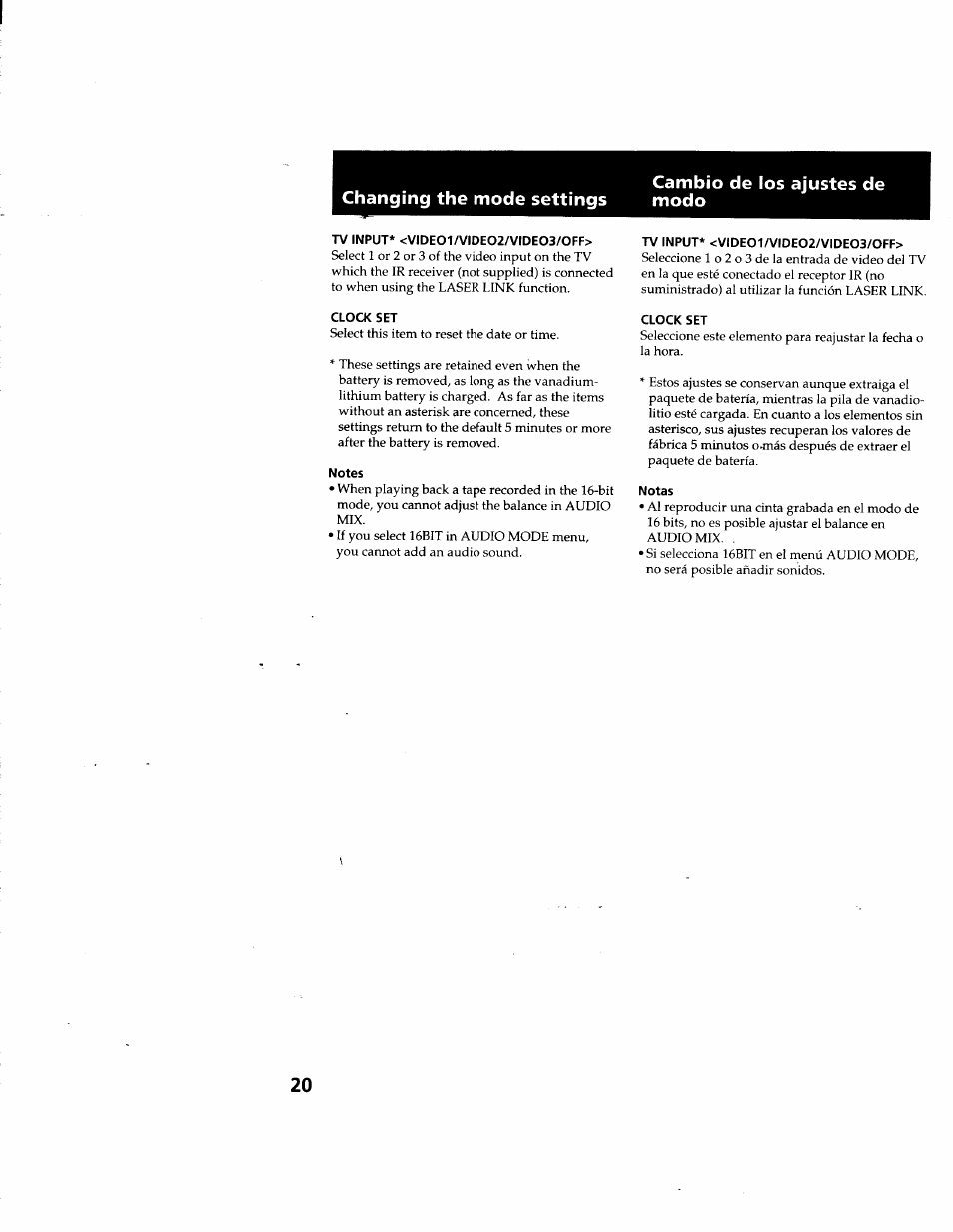 Tv input* <vide01/vide02/vide03/0ff, Clock set, Notes | Notas | Sony GV-D900 User Manual | Page 20 / 88