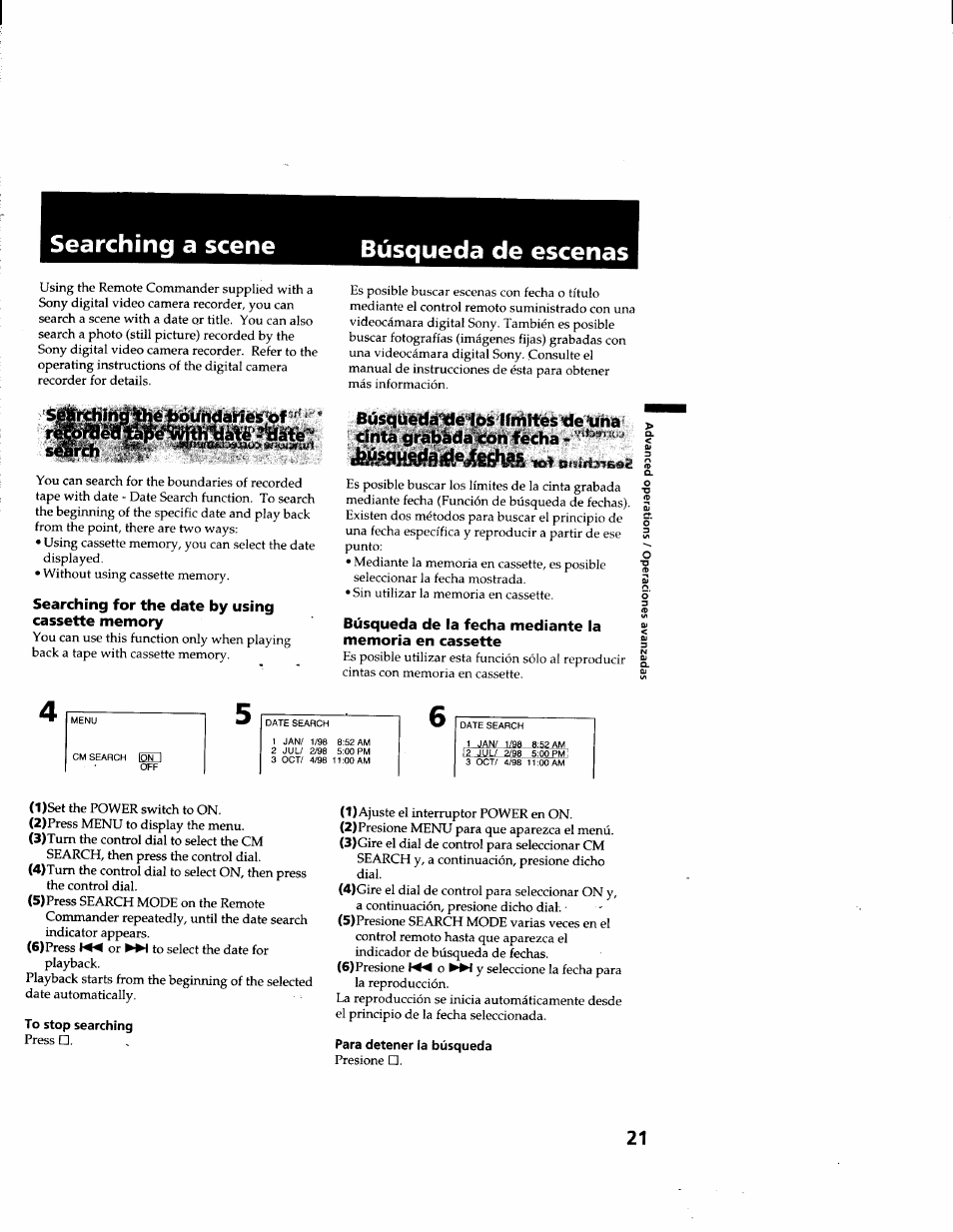 Búsqueda de escenas, Searching for the date by using cassette memory, To stop searching | Para detener la búsqueda, Searching a scene búsqueda de escenas, Óiindaíles of | Sony GV-D900 User Manual | Page 21 / 88