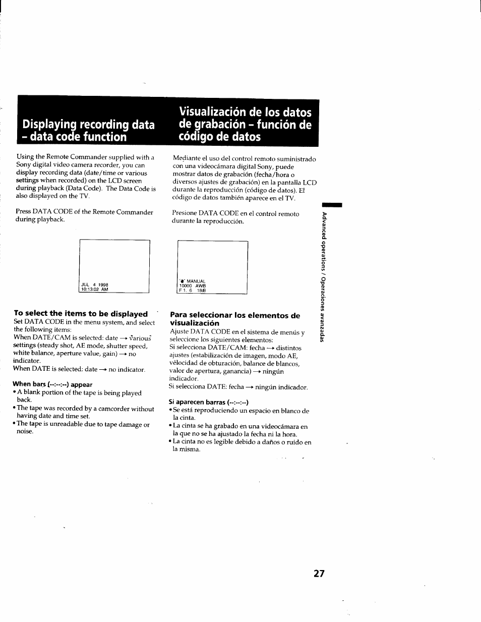 To select the items to be displayed, When bars eippear, Para seleccionar los elementos de visualización | Sony GV-D900 User Manual | Page 27 / 88