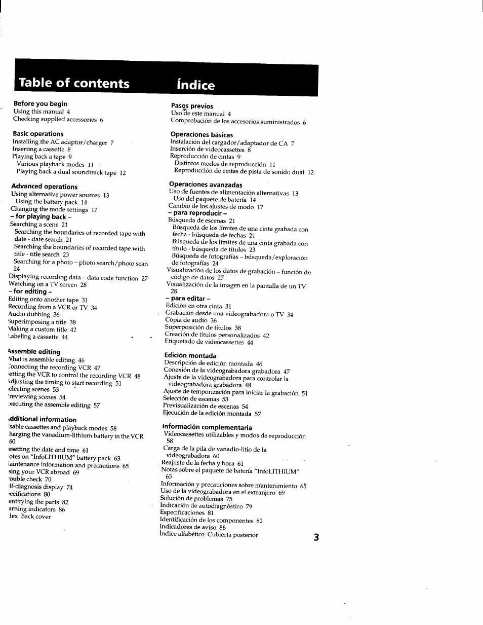 Before you begin, Basic operations, Advanced operations | For playing back, For editing, Assemble editing, Additional information, Pas^s previos, Operaciones básicas, Operaciones avanzadas | Sony GV-D900 User Manual | Page 3 / 88