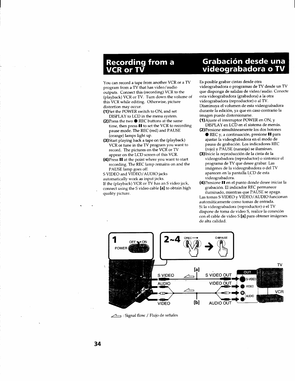 Grabación desde una videograbadora o tv, Recording from a vcr or tv | Sony GV-D900 User Manual | Page 34 / 88