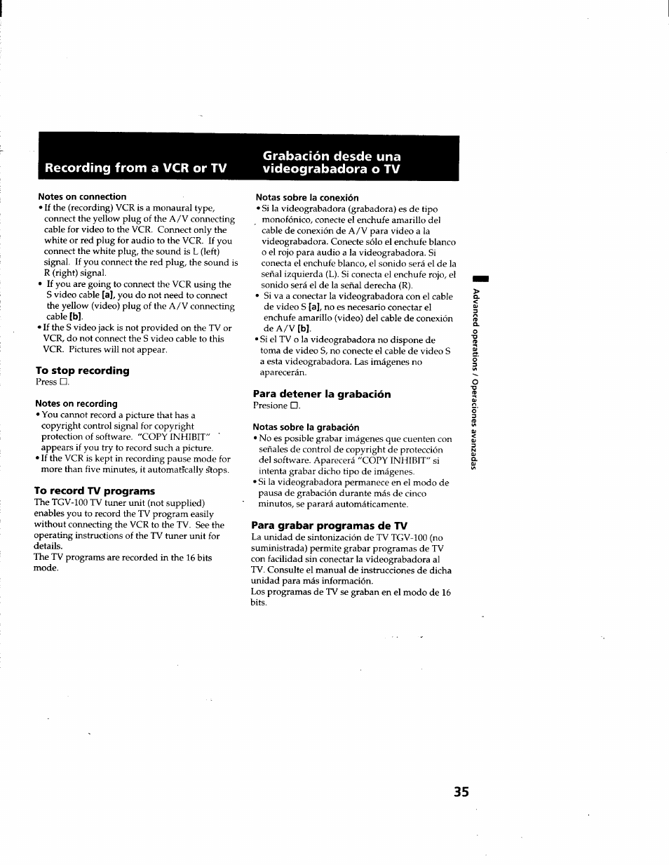Grabación desde una videograbadora o tv, Notes on connection, To stop recording | Notes on recording, To record tv programs, Notas sobre la conexión, Para detener la grabación, Notas sobre la grabación, Para grabar programas de tv | Sony GV-D900 User Manual | Page 35 / 88