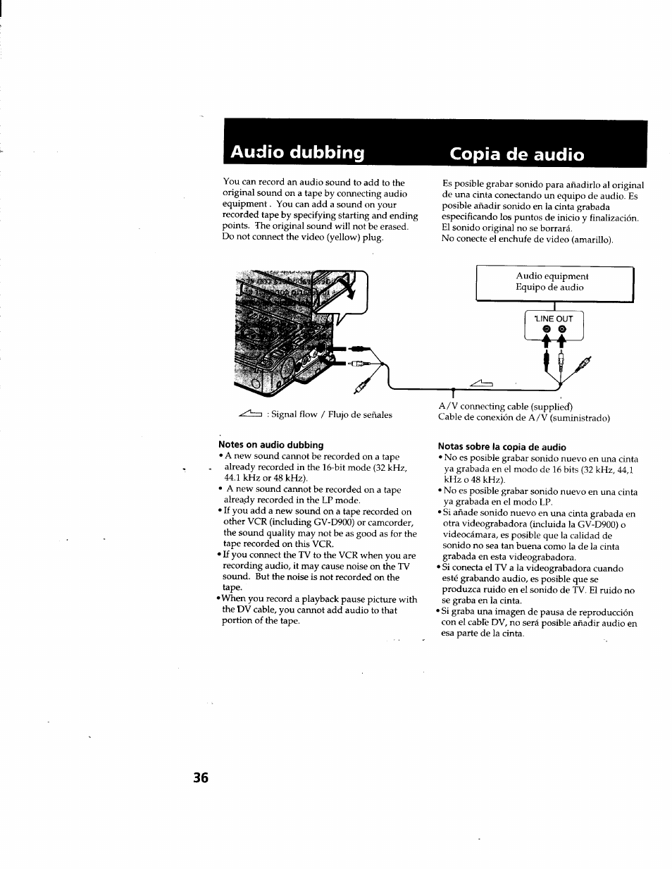 Audio dubbing, Copia de audio, Notes on audio dubbing | Notas sobre la copia de audio, Audio dubbing copia de audio | Sony GV-D900 User Manual | Page 36 / 88