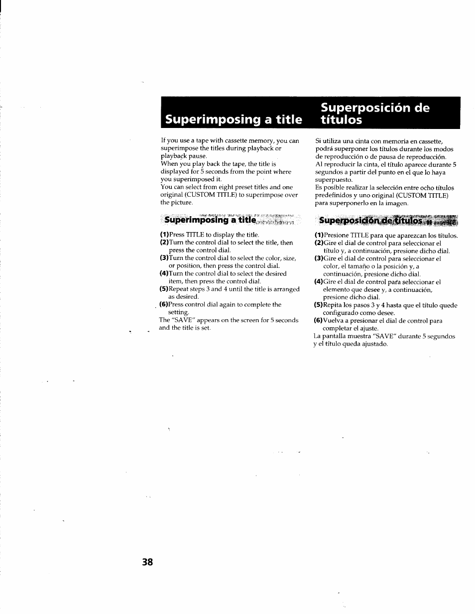 Superposición de superimposing a title títulos, Superimposing a title, Superposición, de títulos ts | Sony GV-D900 User Manual | Page 38 / 88