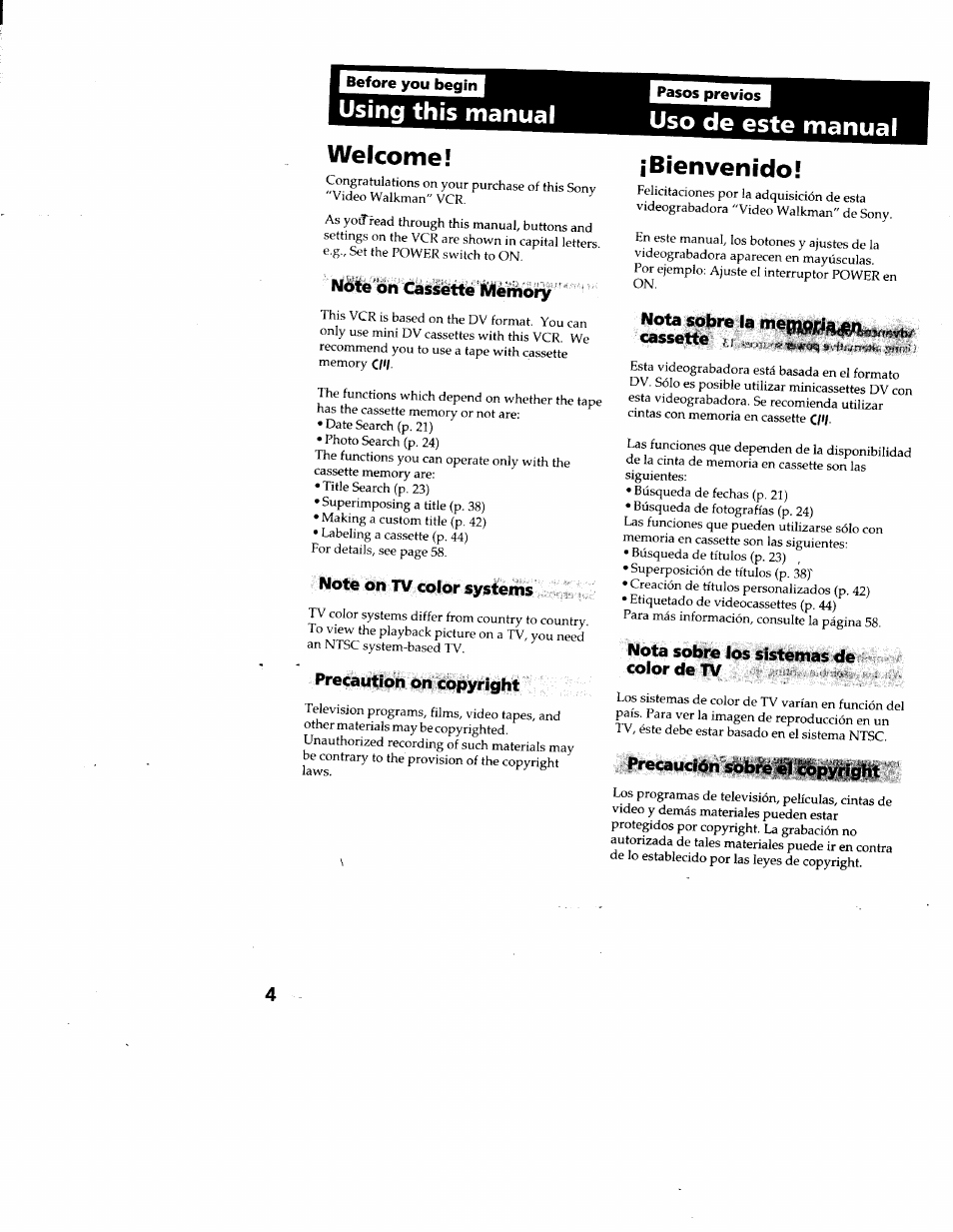 Using this manual, Welcome, Nòte on cassette memory | Note on tv color systems, Precaution on copyright, Uso de este manual, Bienvenido, Nota sobre la, Cassette í-i-.n-'!«■ 