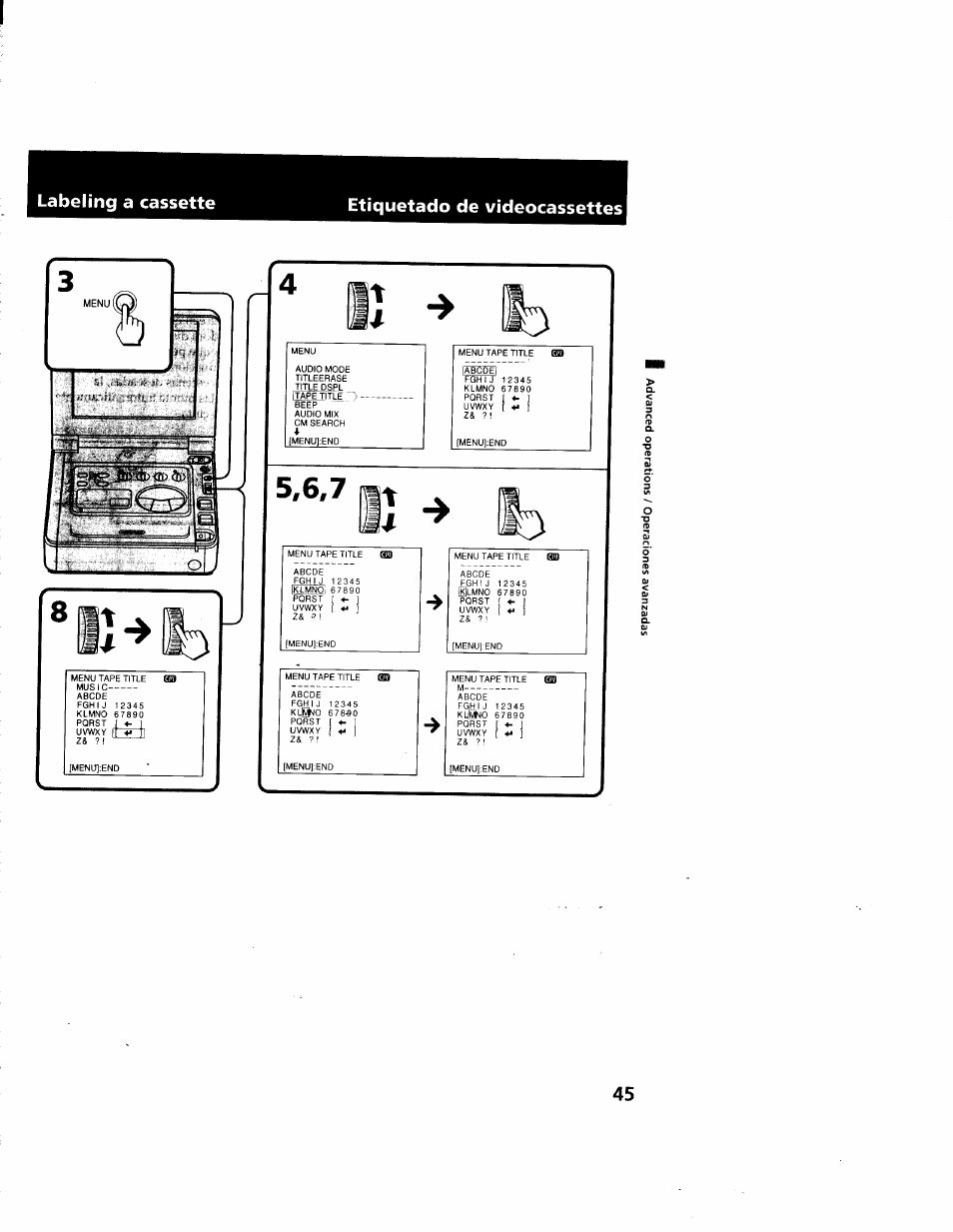 Etiquetado de videocassettes, Uvwxy, Labeling a cassette etiquetado de videocassettes | Sony GV-D900 User Manual | Page 45 / 88