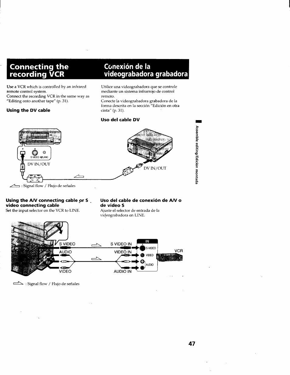 Conexión de la vídeograbadora grabadora, Using the dv cable, Uso del cable dv | Uso del cable de conexión de aa/ o de video s, Connecting the recording vcr | Sony GV-D900 User Manual | Page 47 / 88