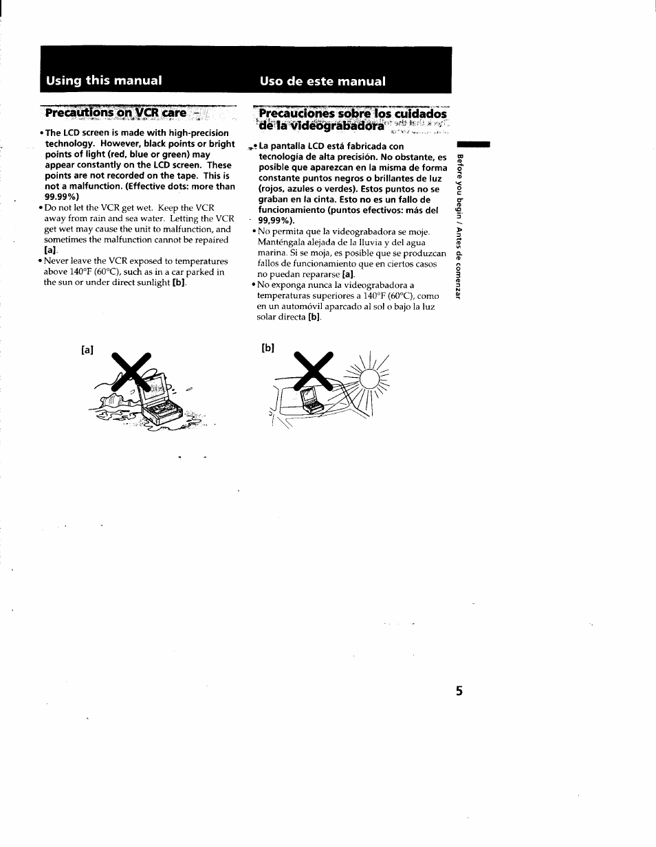 Using this manual, Uso de este manual, Precautions on vcr care | Sony GV-D900 User Manual | Page 5 / 88